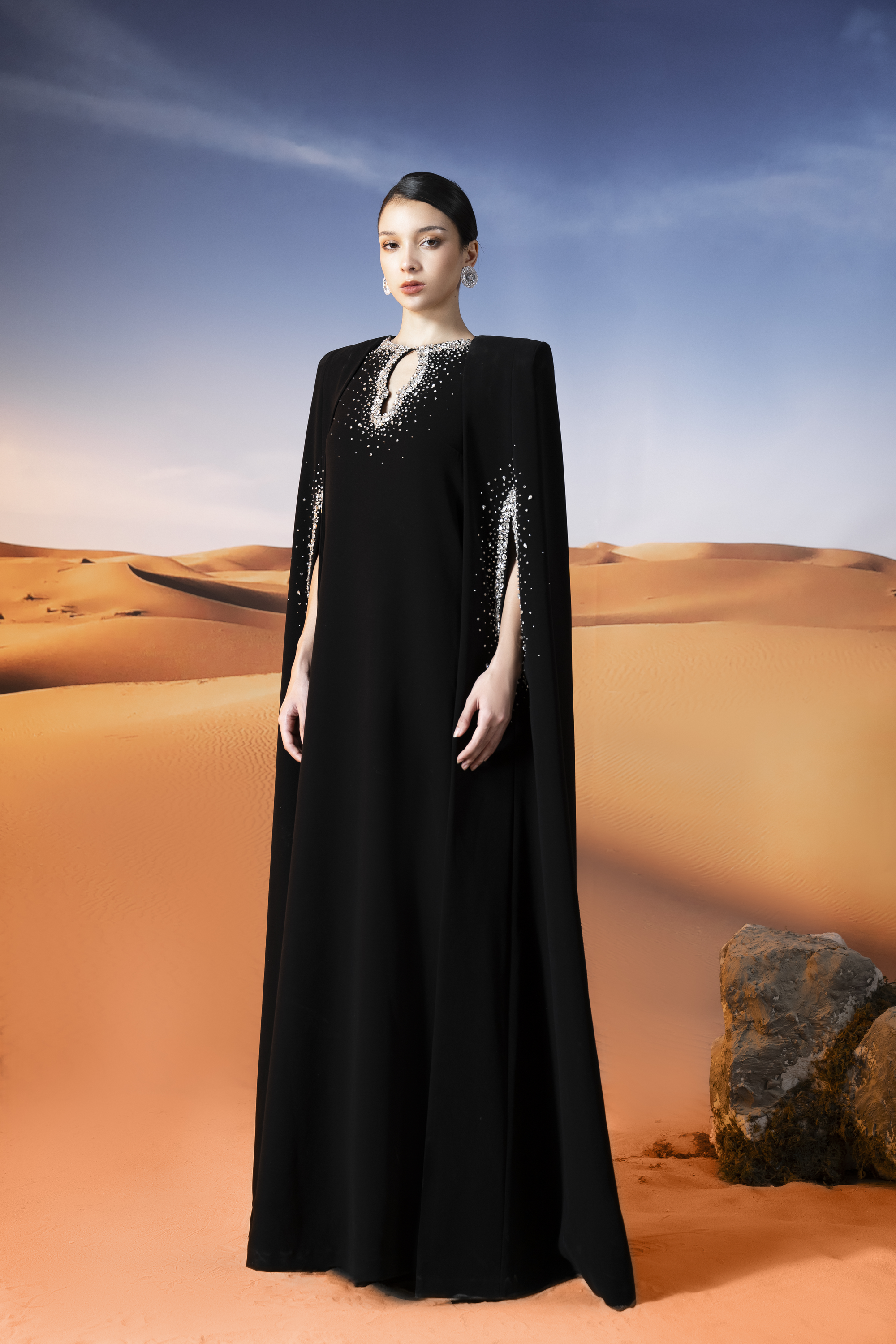 Crystal-Embellished Black Cape Maxi Gown