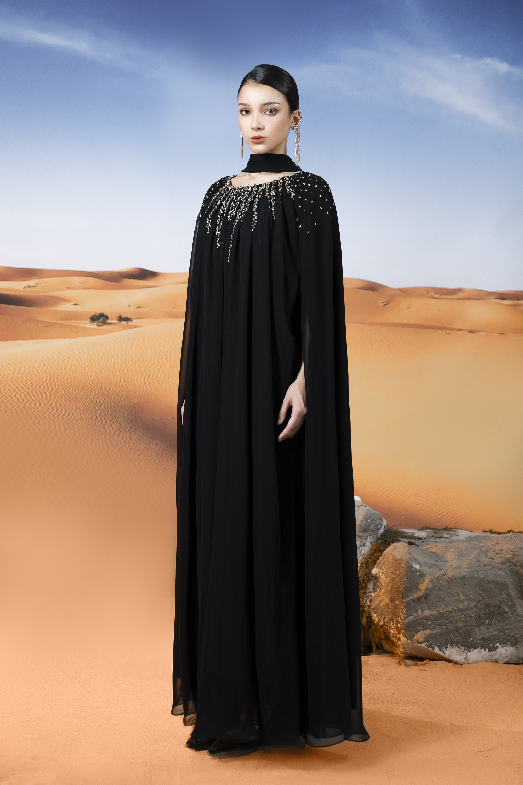 Crystal-Embellished Black Cape Maxi Gown