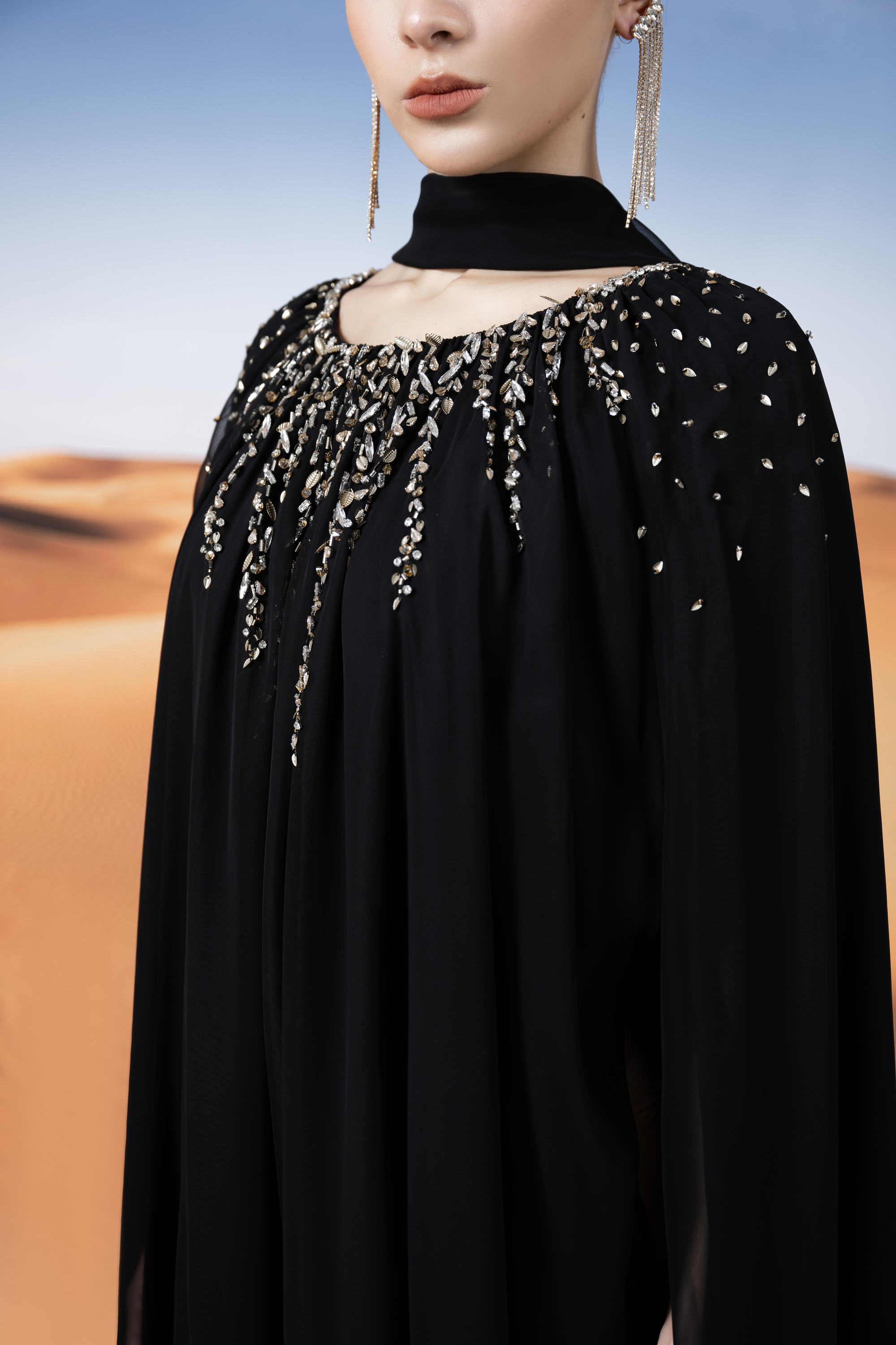 Crystal-Embellished Black Cape Maxi Gown