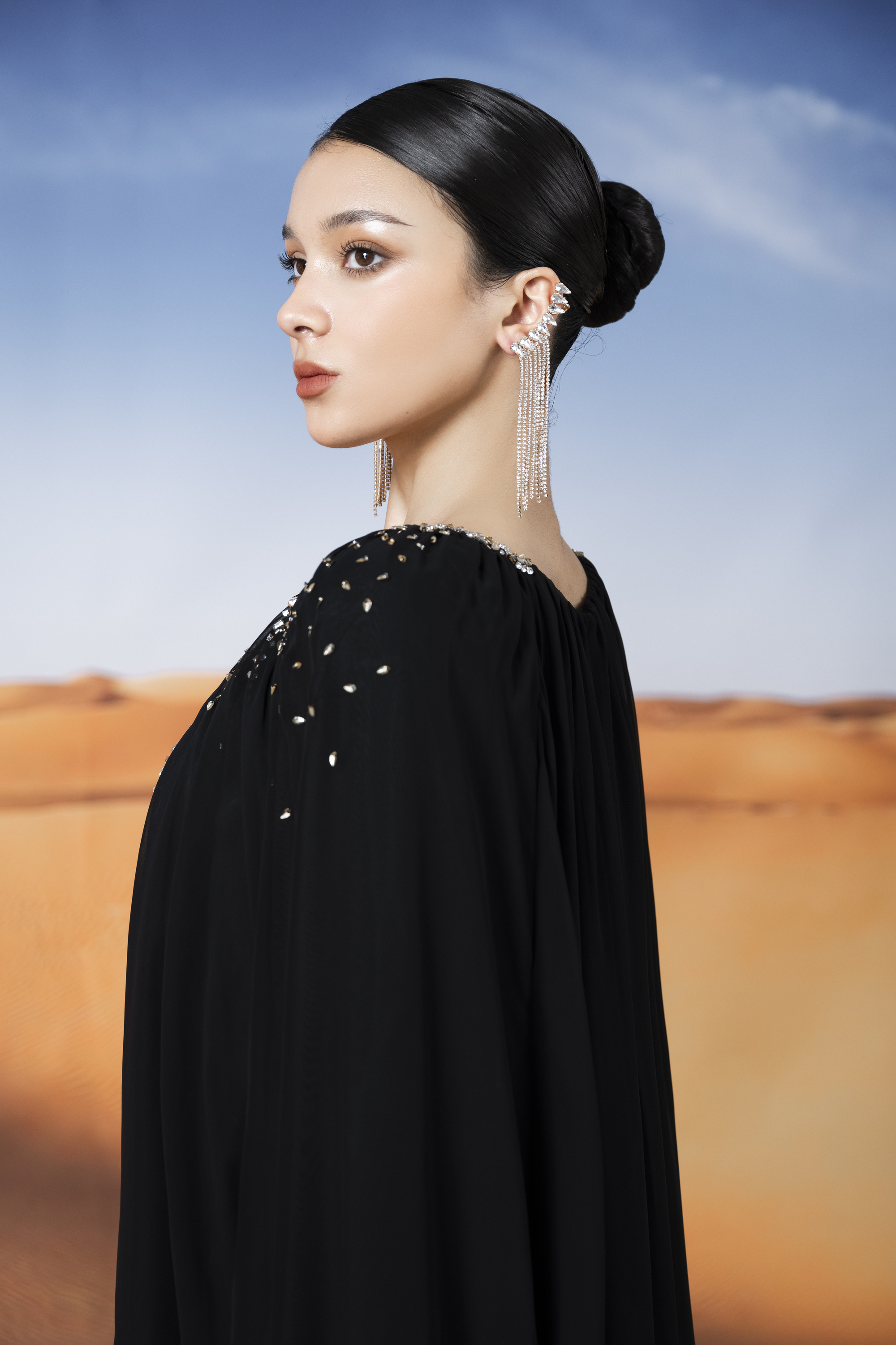 Crystal-Embellished Black Cape Maxi Gown