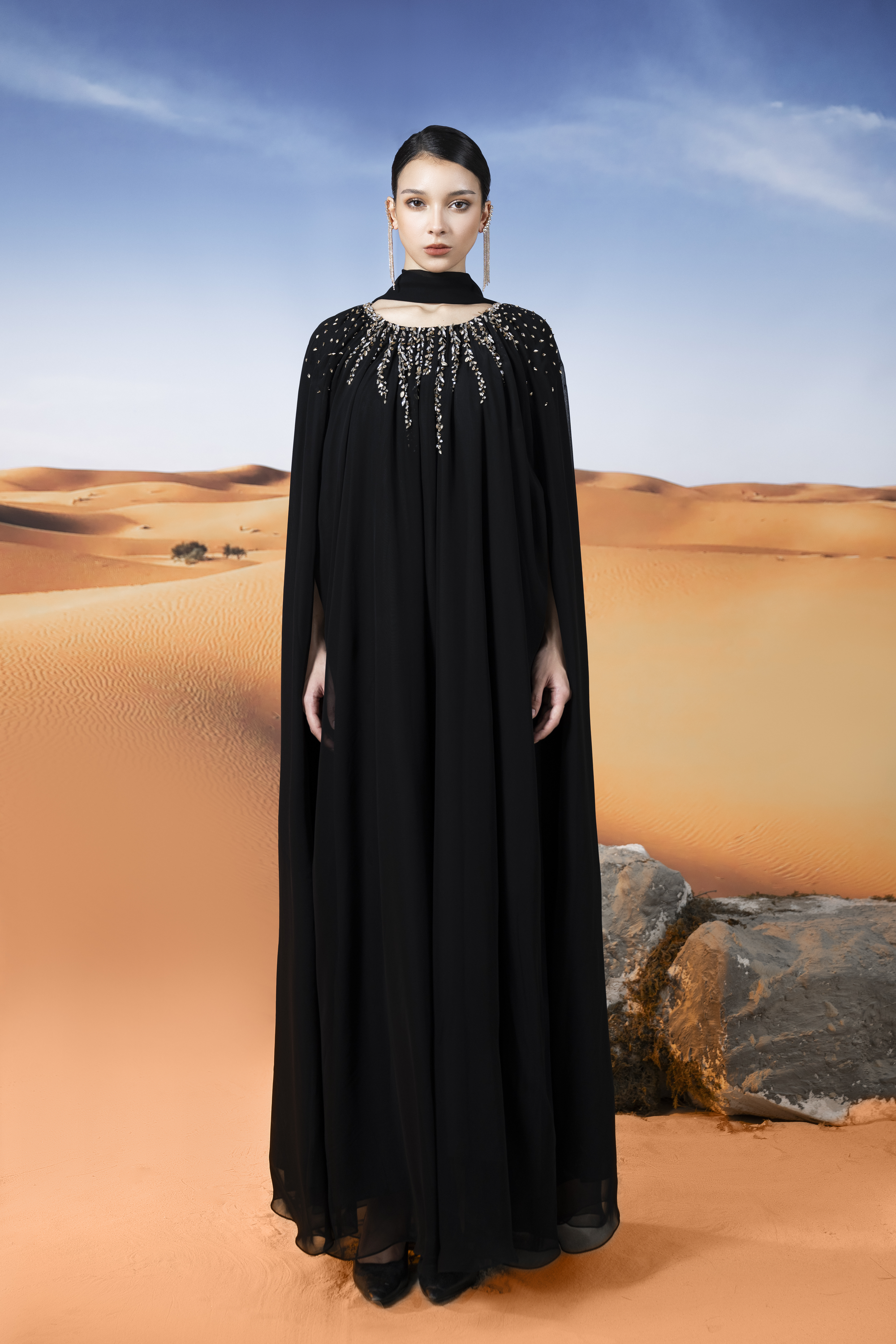 Crystal-Embellished Black Cape Maxi Gown