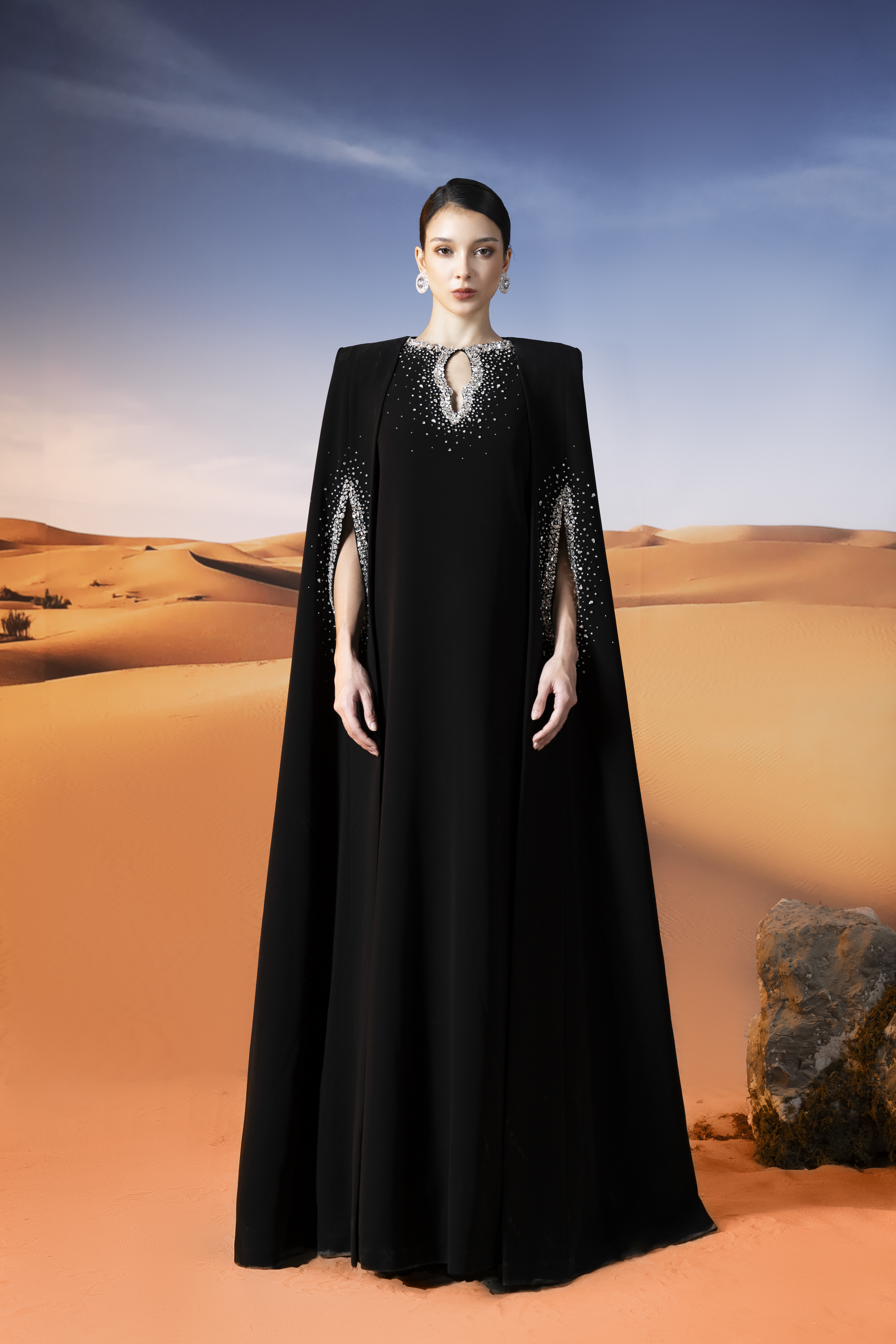 Crystal-Embellished Black Cape Maxi Gown