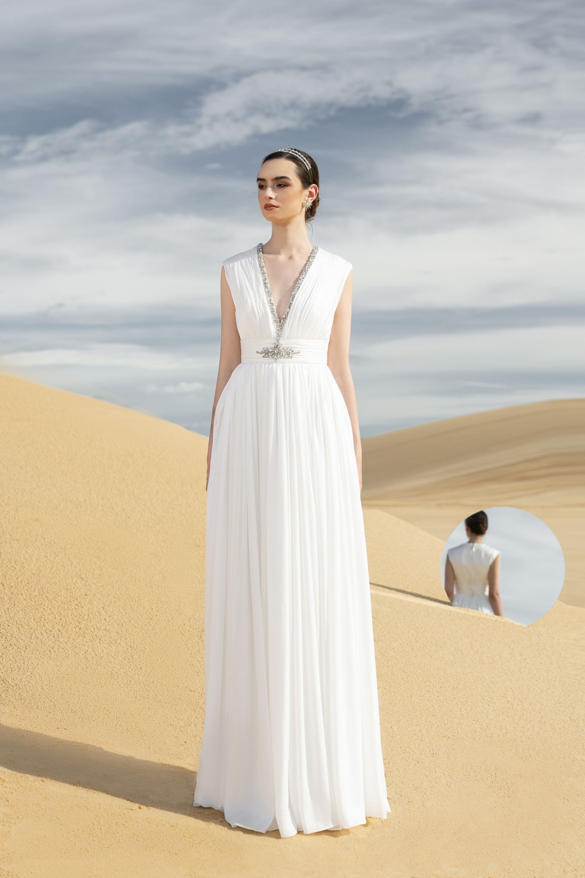 Crystal-Embellished Cape Sleeve Pleated White Maxi Gown