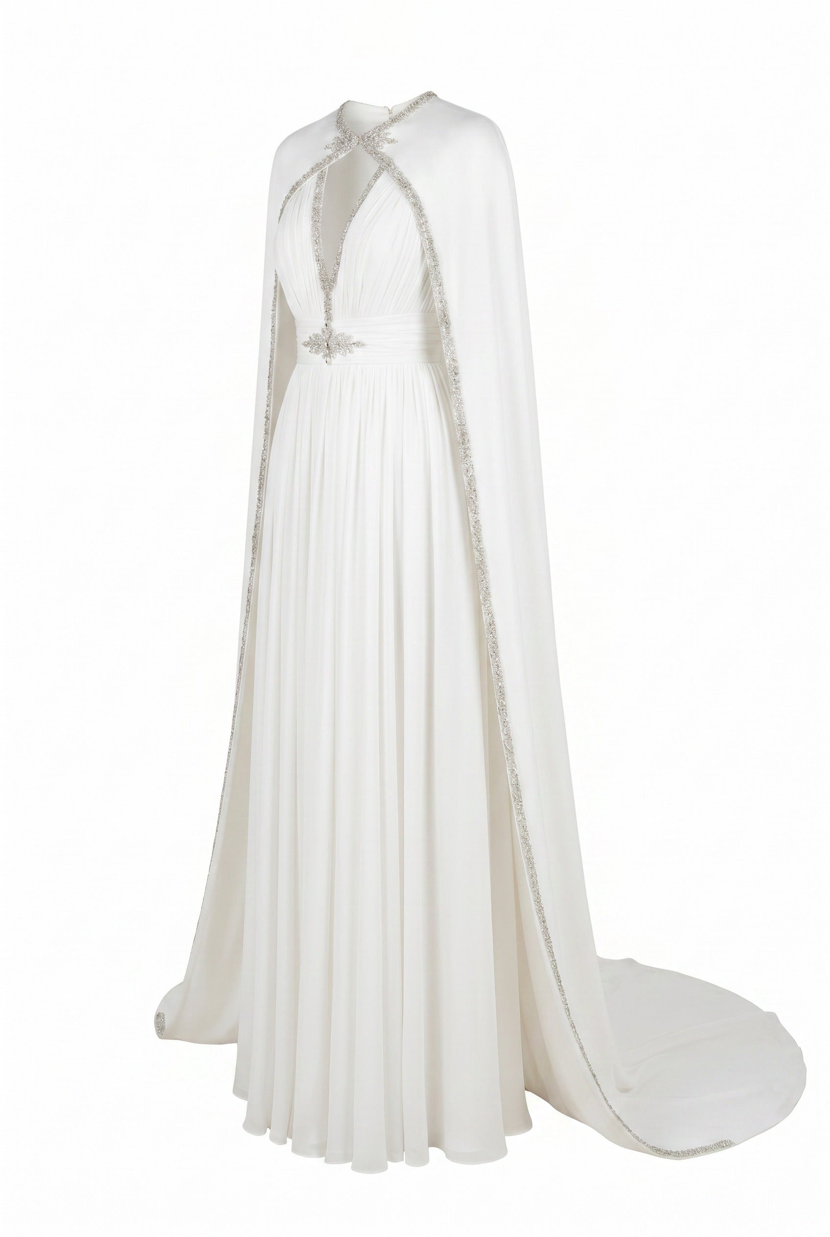 Crystal-Embellished Cape Sleeve Pleated White Maxi Gown