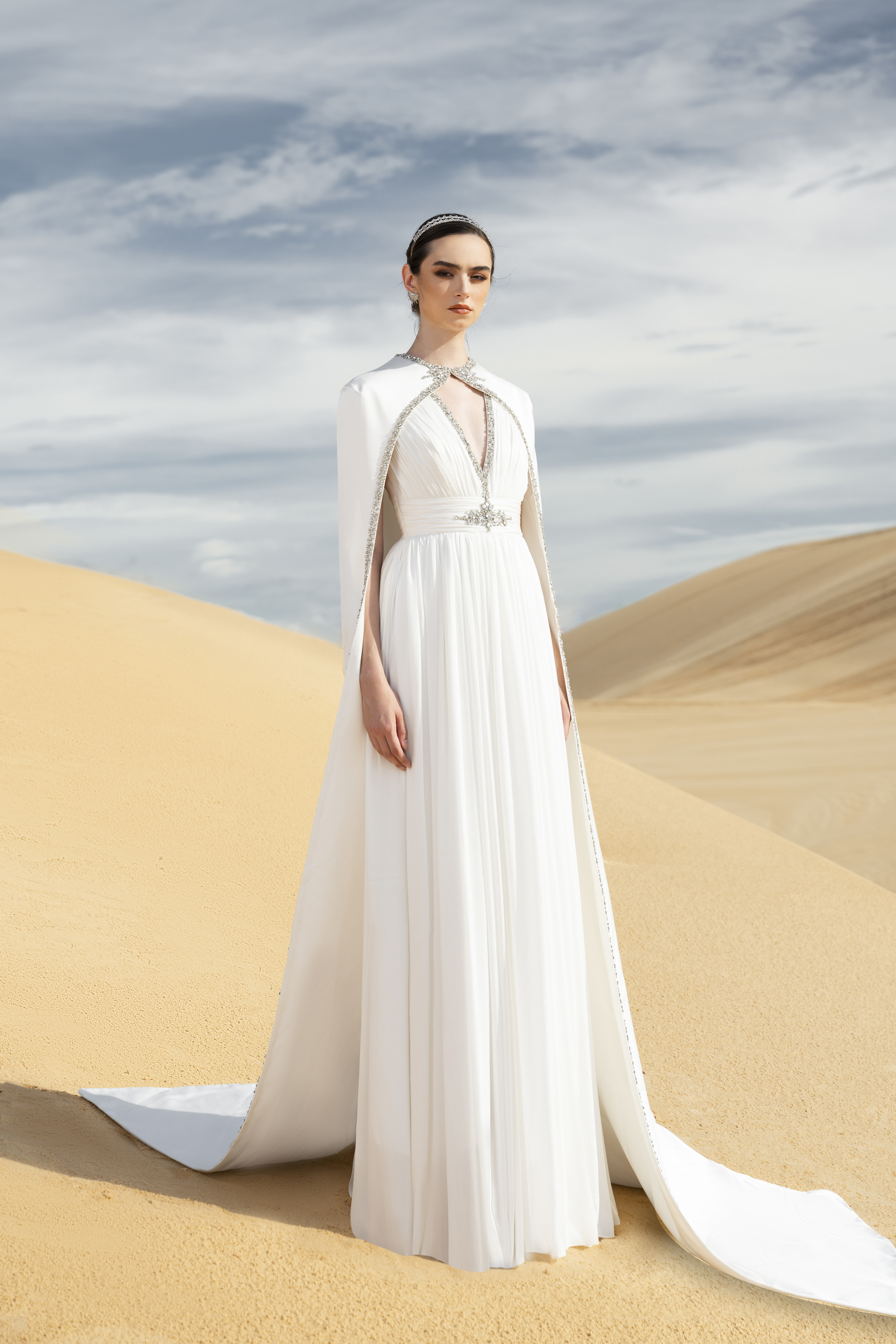Crystal-Embellished Cape Sleeve Pleated White Maxi Gown