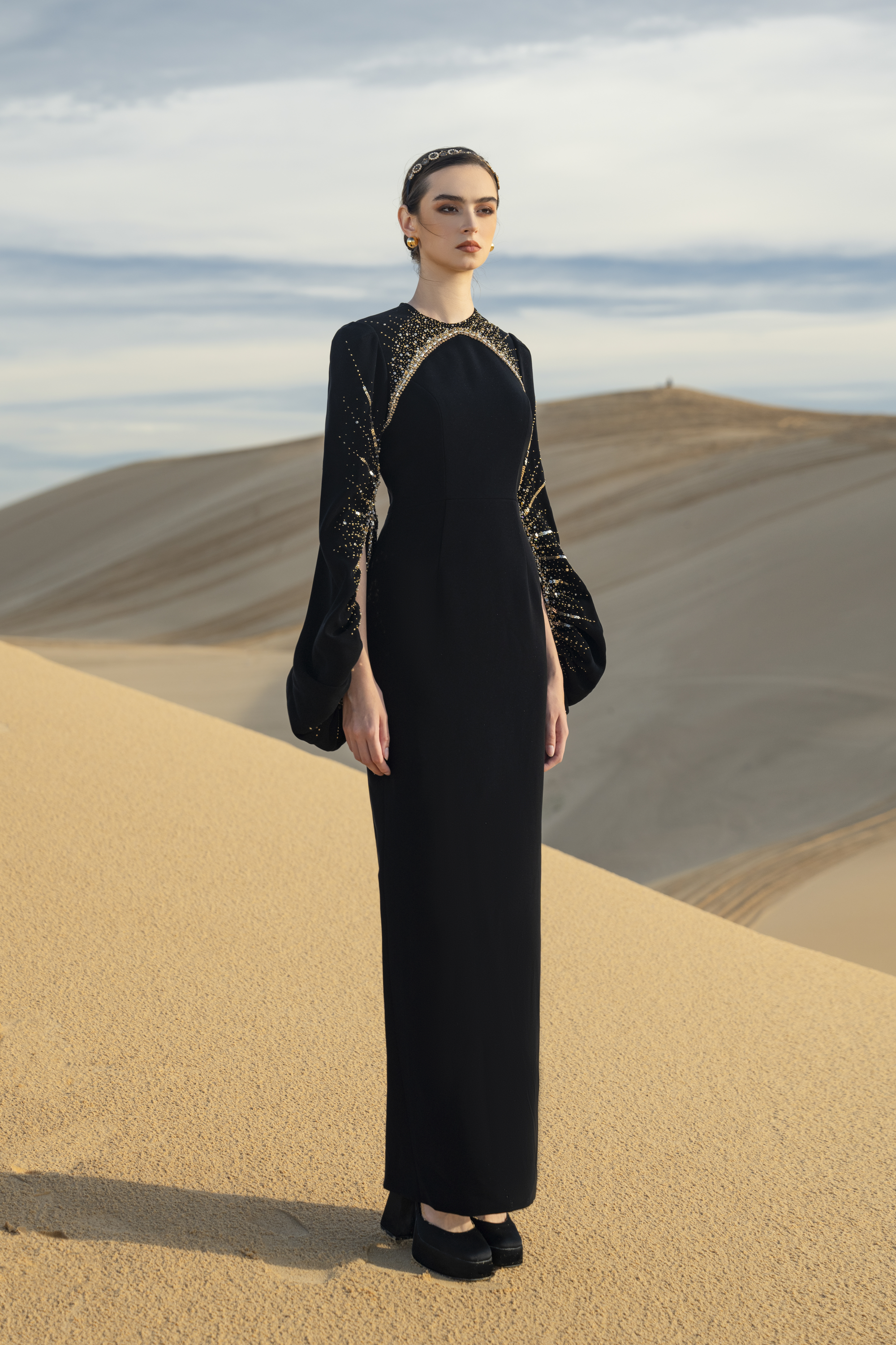 Crystal-Embellished Cutout Black Column Gown