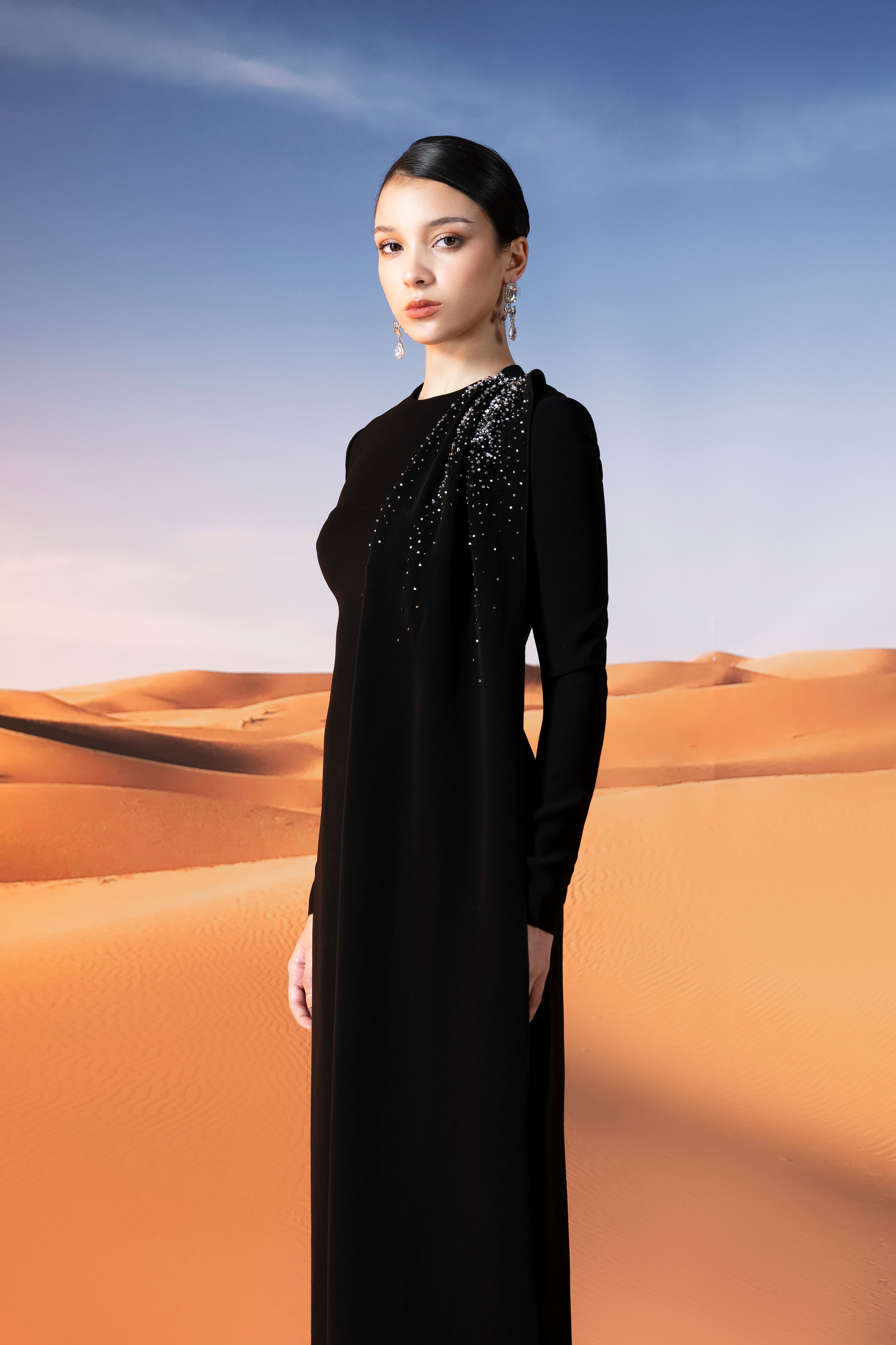 Crystal-Embellished Draped Black Column Gown