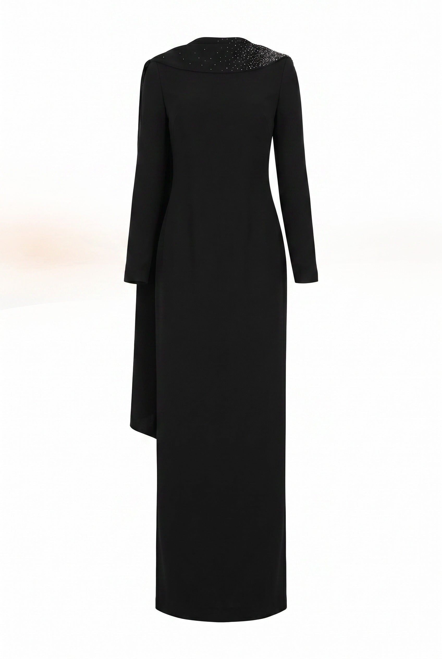 Crystal-Embellished Draped Black Column Gown