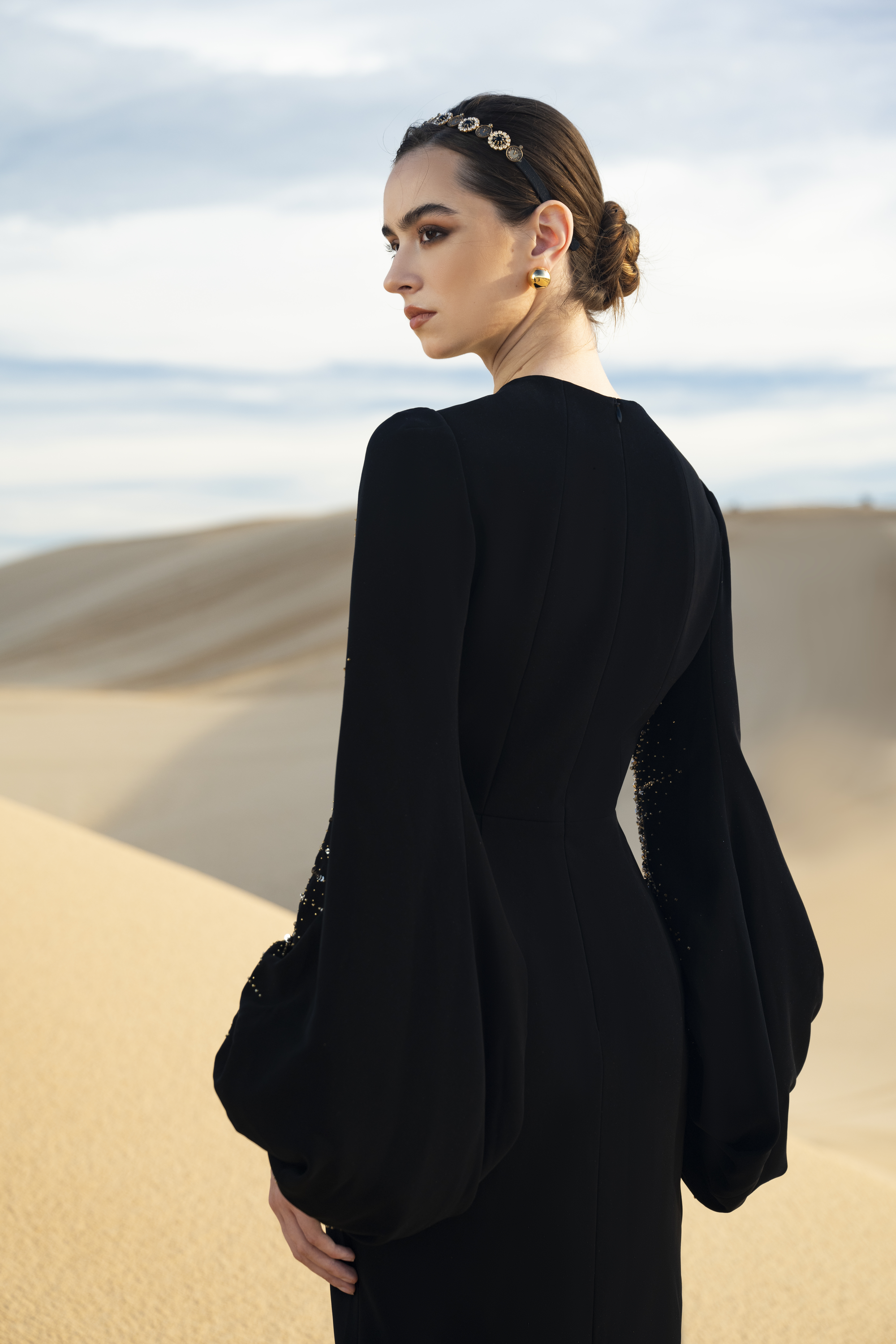 Crystal-Embellished Draped Black Evening Gown