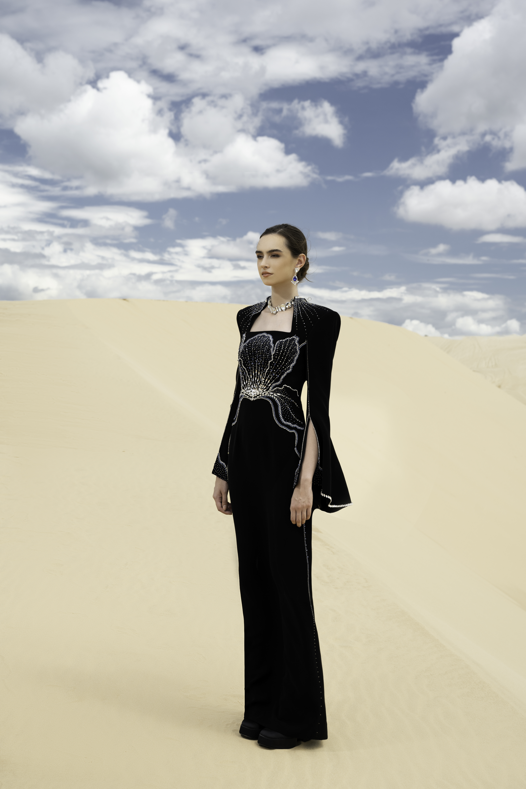 Crystal-Embellished Draped Black Evening Gown