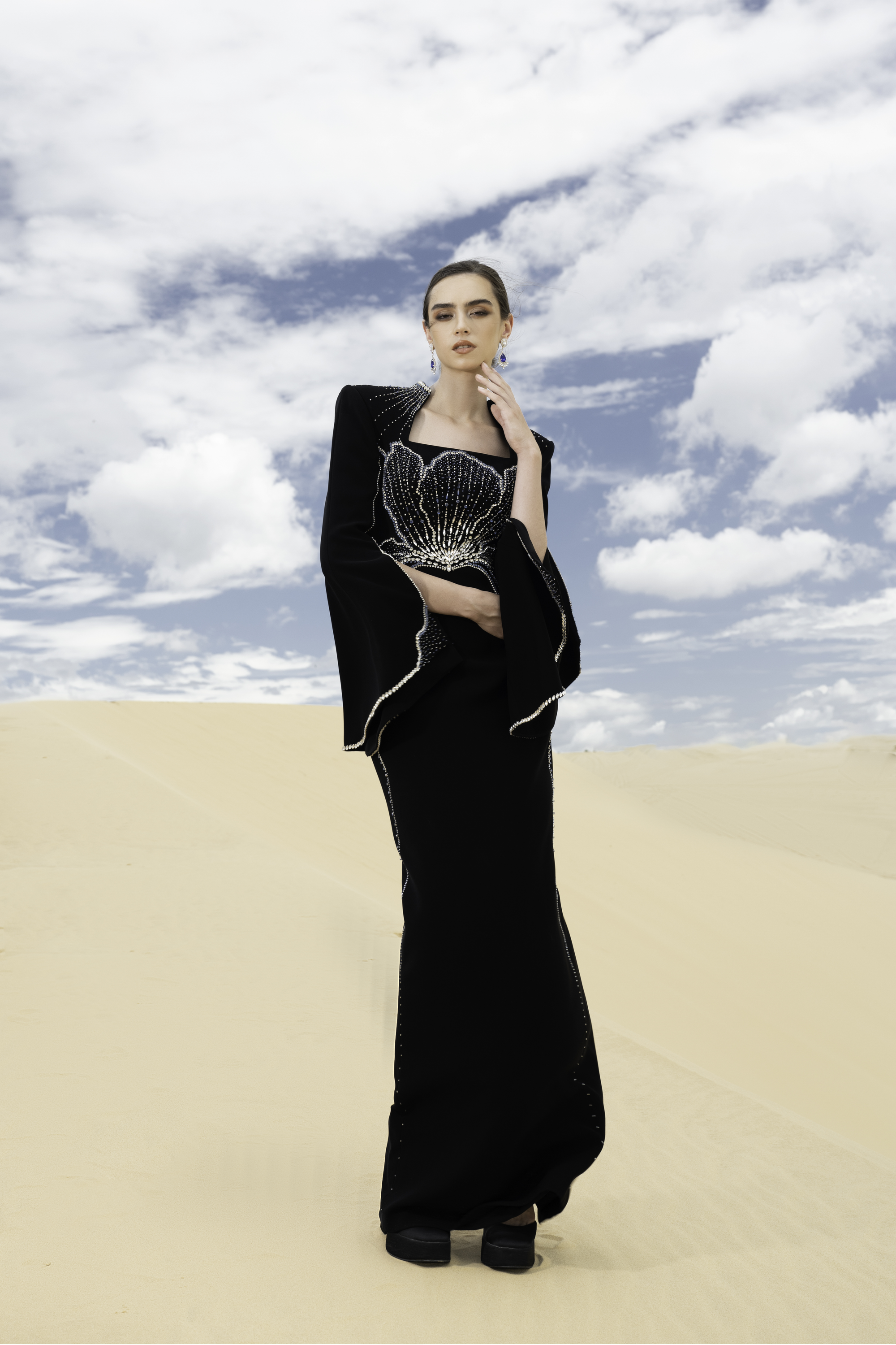 Crystal-Embellished Draped Black Evening Gown