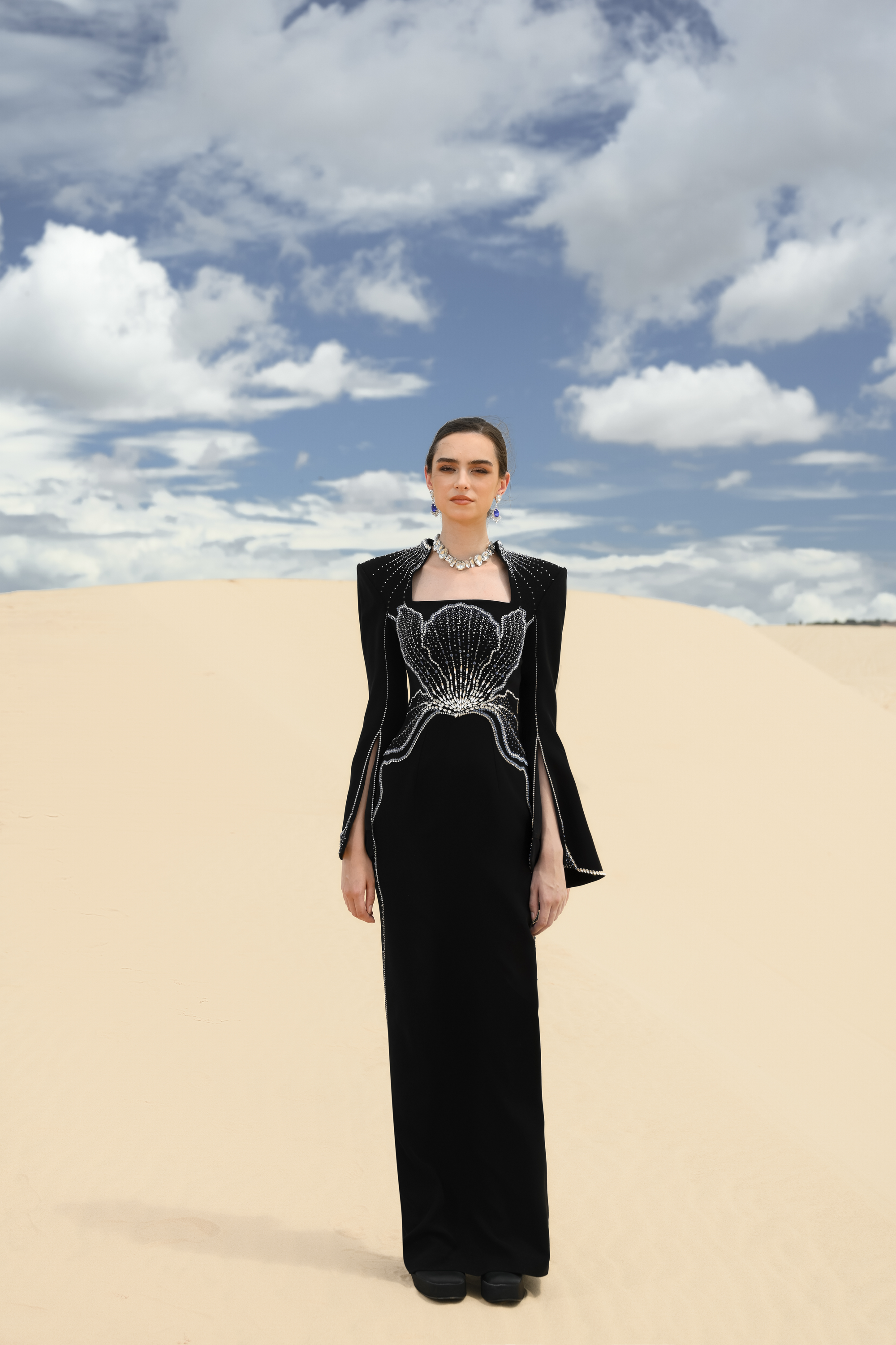 Crystal-Embellished Draped Black Evening Gown