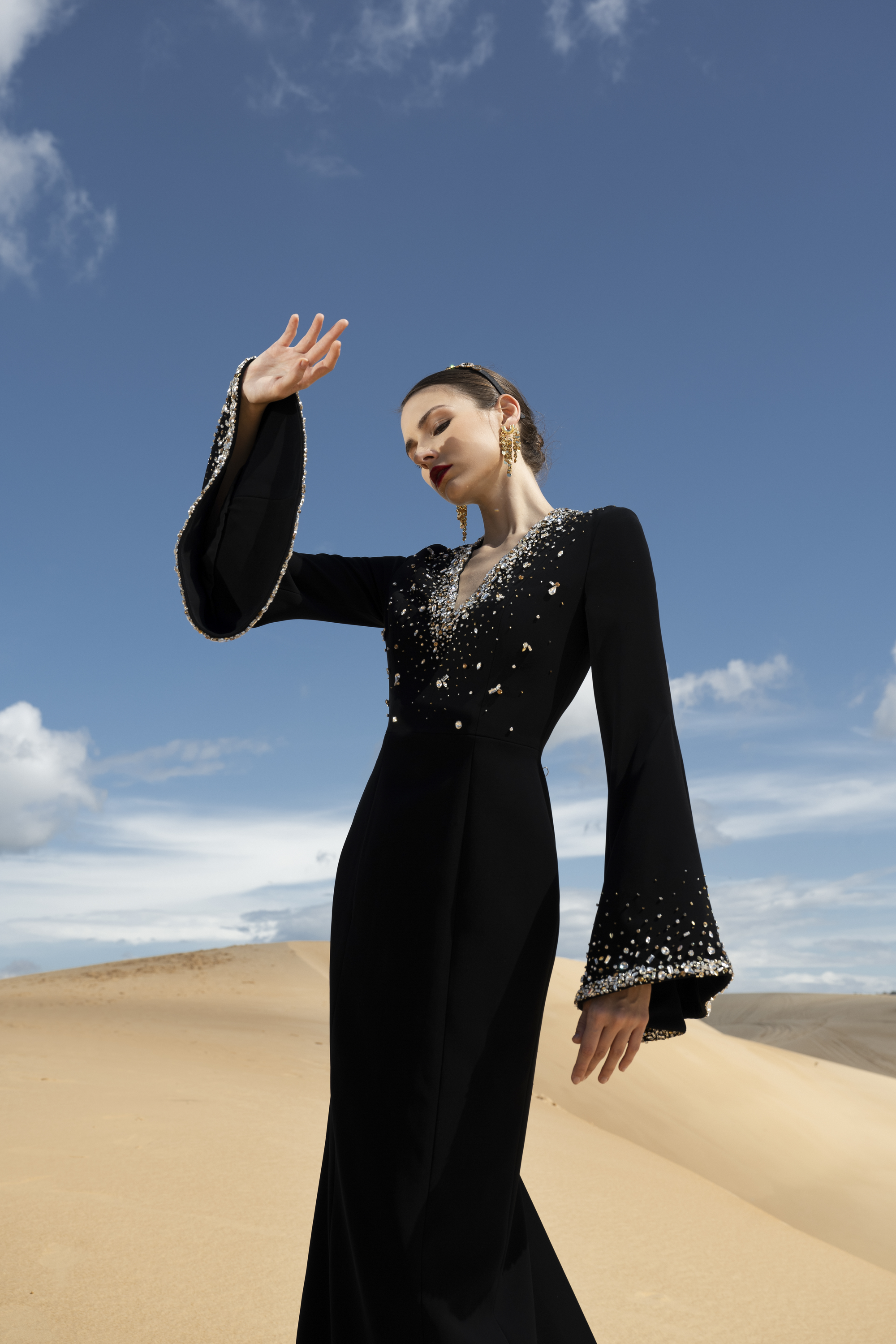 Crystal-Embellished Flared Sleeve Black Maxi Gown