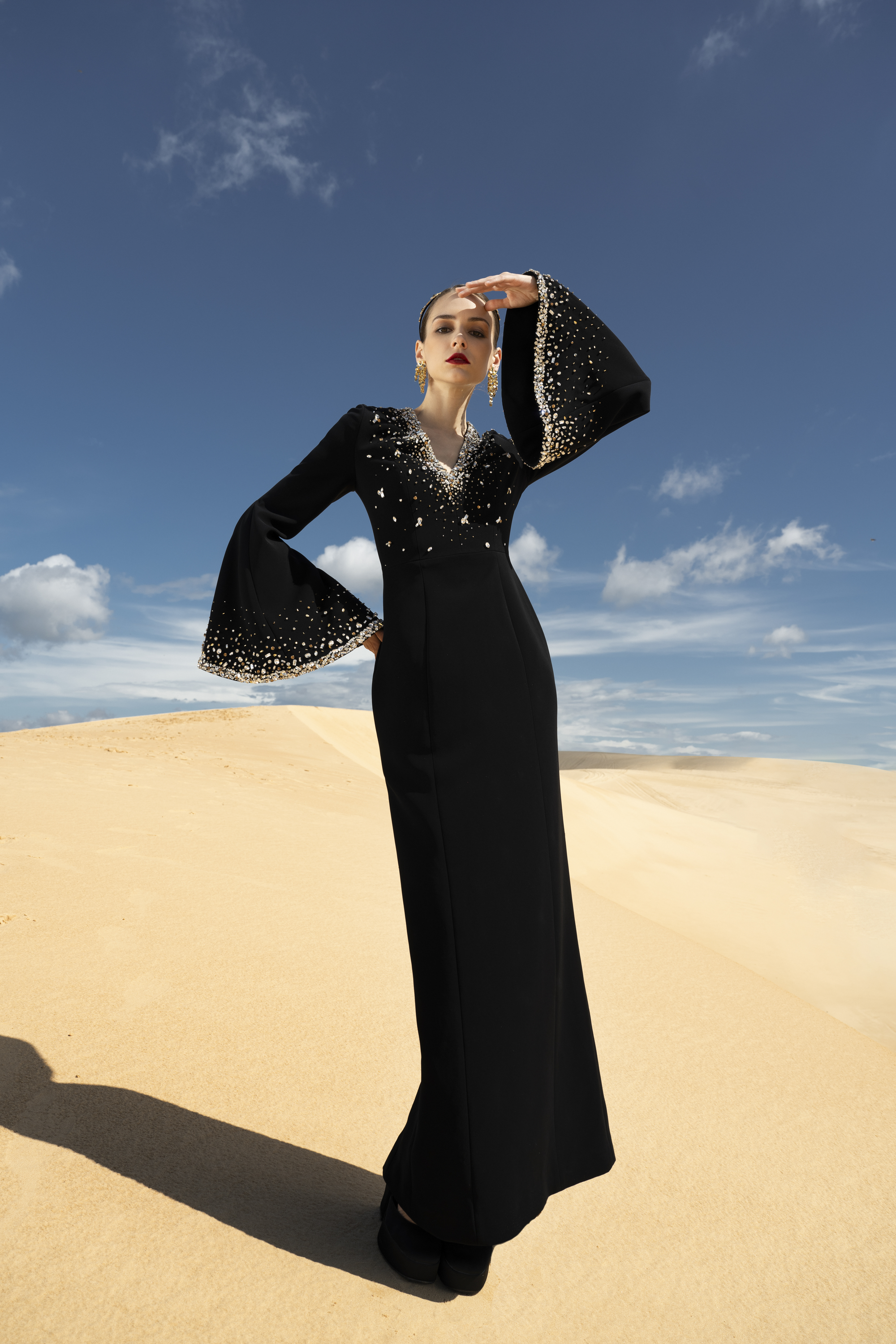 Crystal-Embellished Flared Sleeve Black Maxi Gown