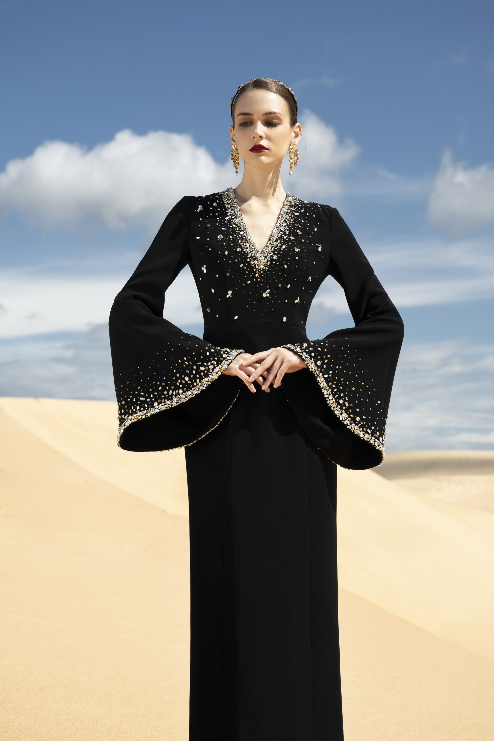 Crystal-Embellished Flared Sleeve Black Maxi Gown