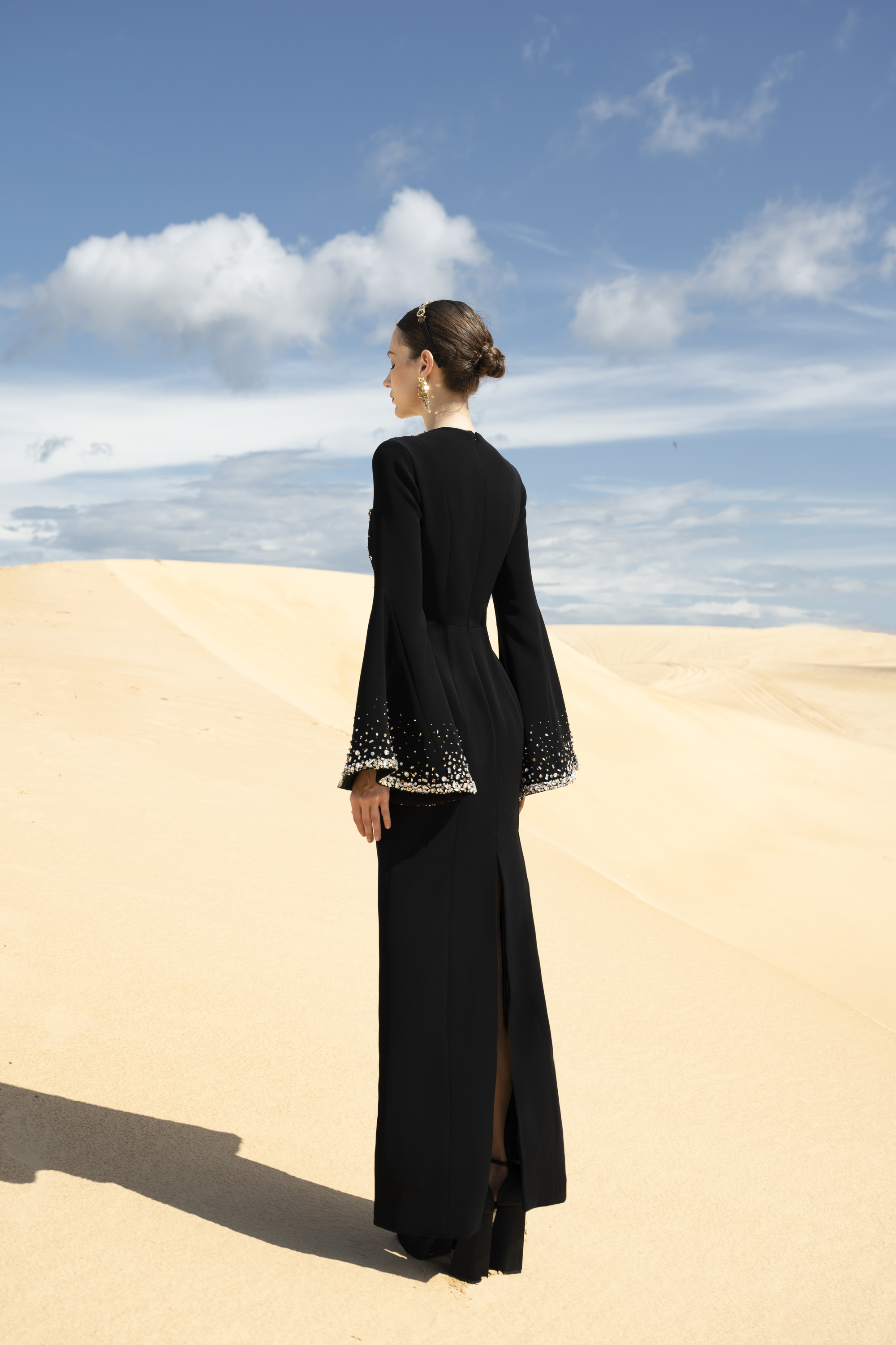 Crystal-Embellished Flared Sleeve Black Maxi Gown
