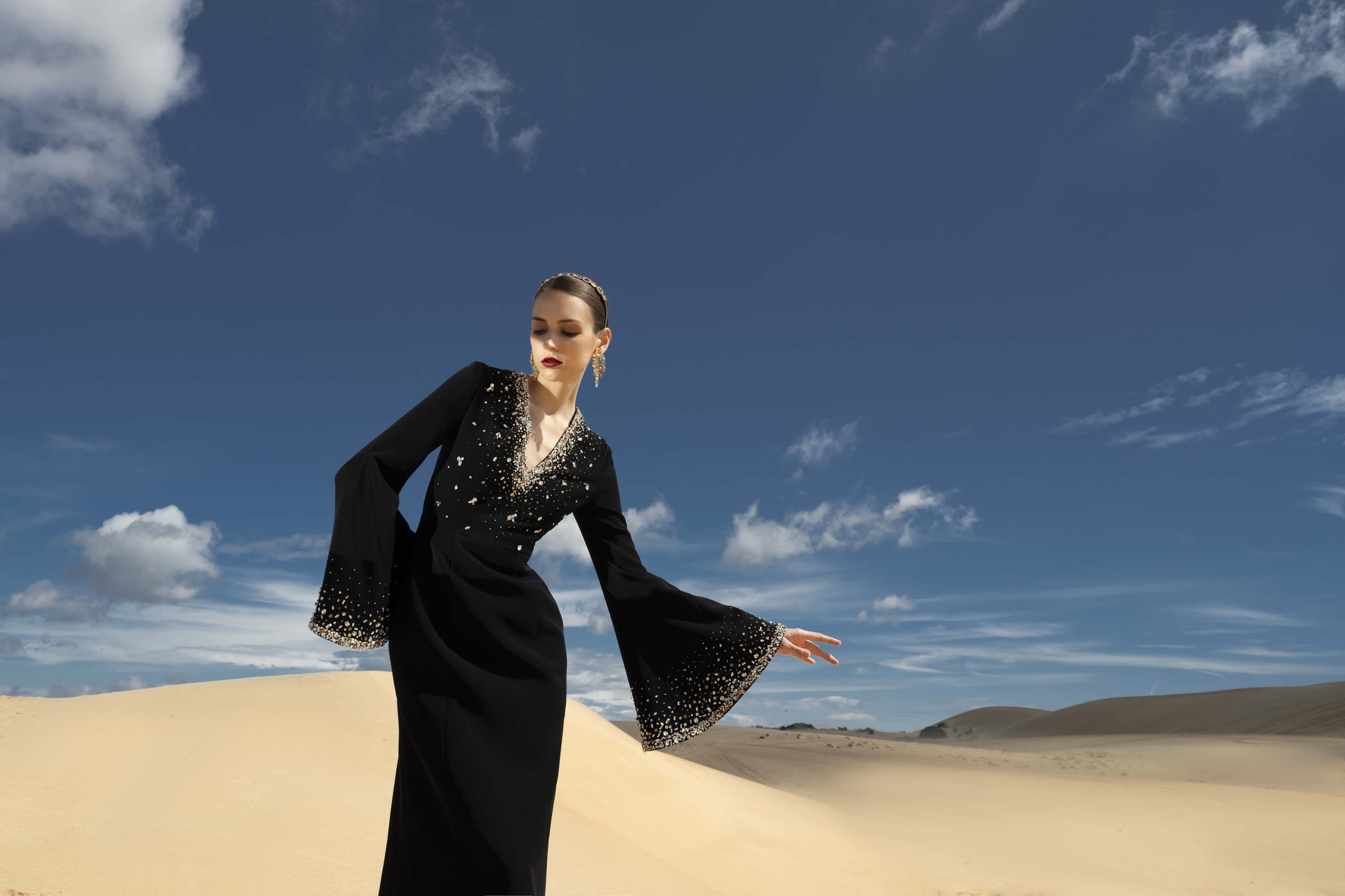 Crystal-Embellished Flared Sleeve Black Maxi Gown