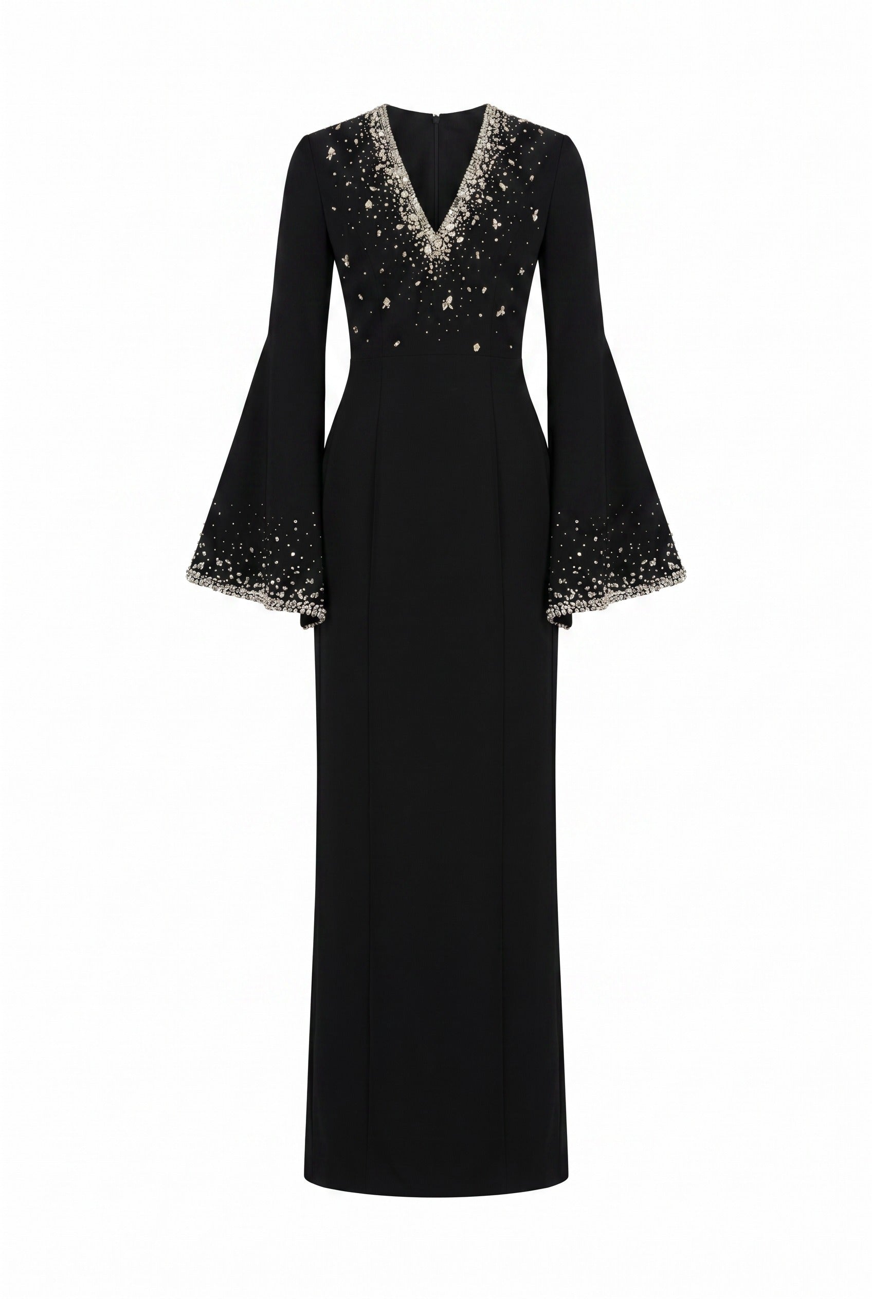 Crystal-Embellished Flared Sleeve Black Maxi Gown