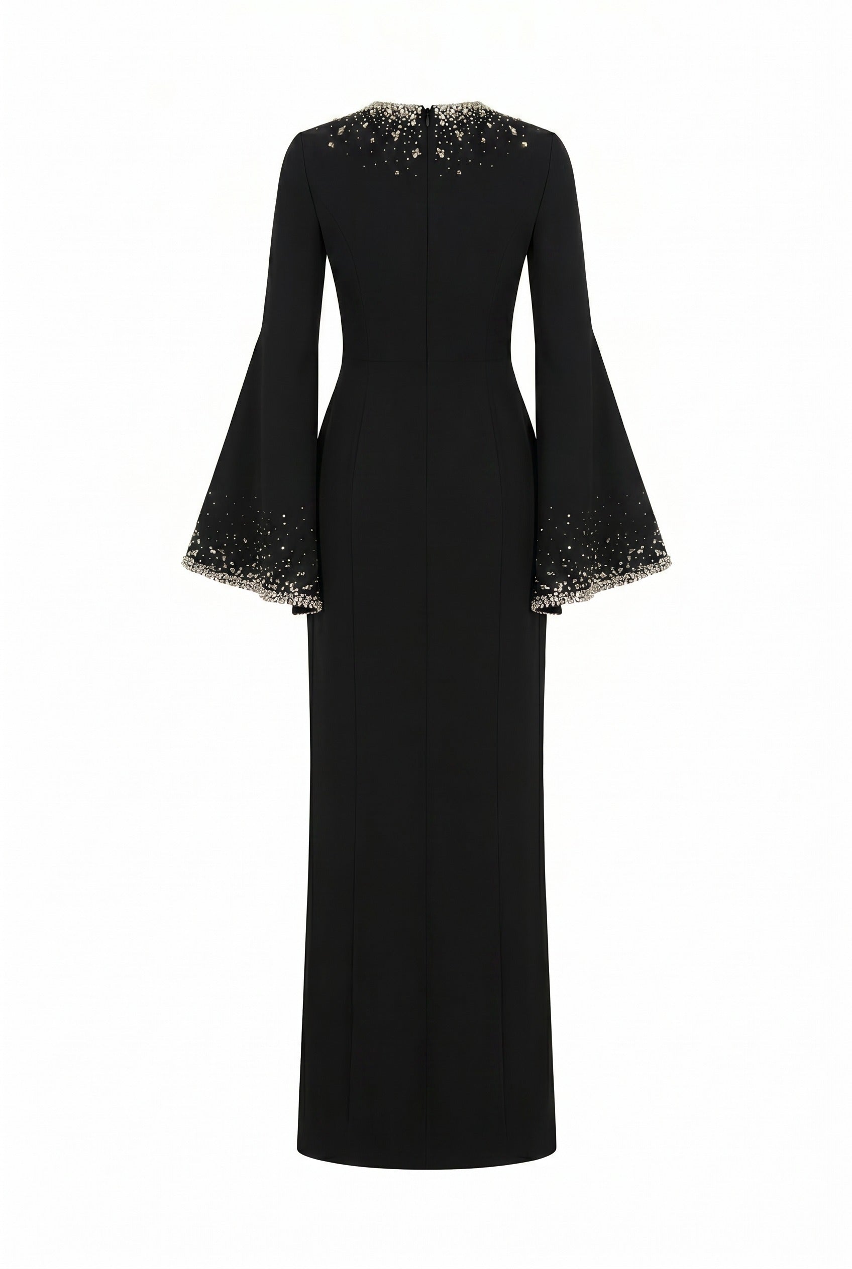 Crystal-Embellished Flared Sleeve Black Maxi Gown
