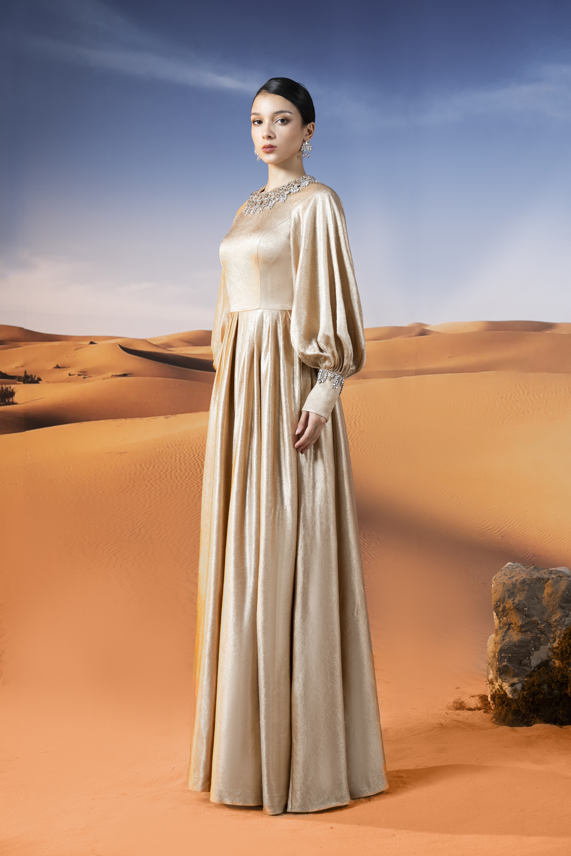 Crystal-Embellished Gold Long Sleeve Maxi Gown