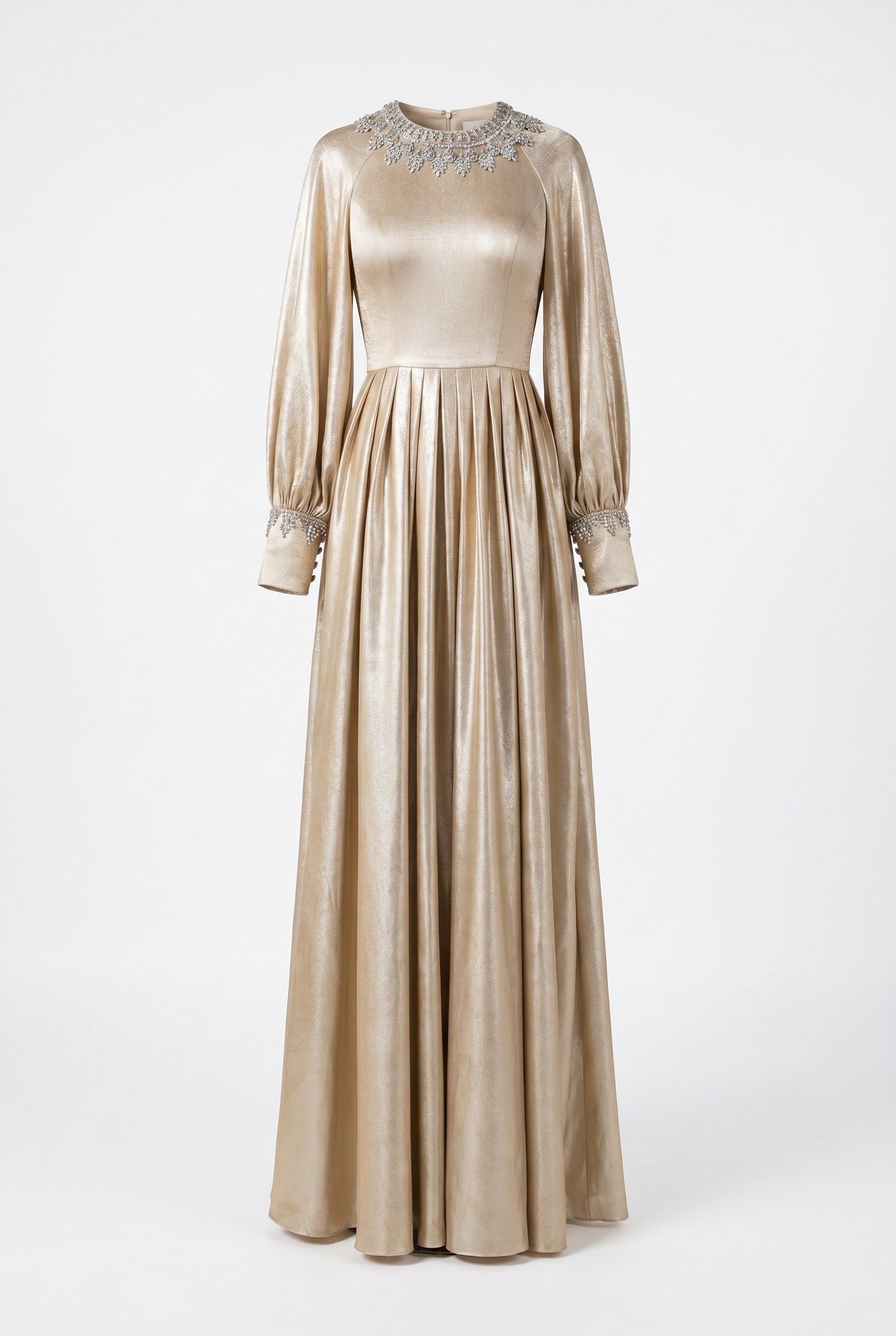 Crystal-Embellished Gold Long Sleeve Maxi Gown