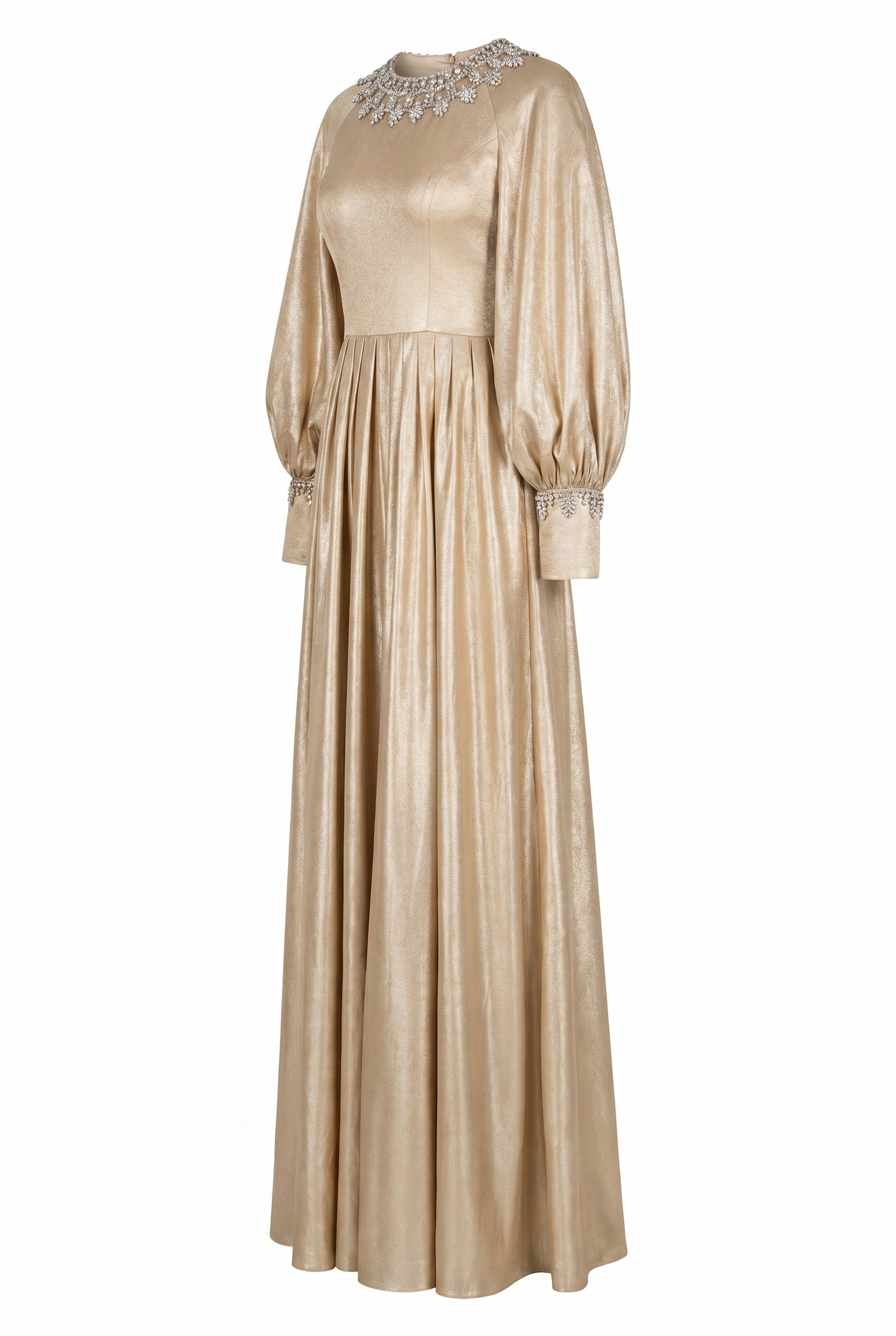 Crystal-Embellished Gold Long Sleeve Maxi Gown