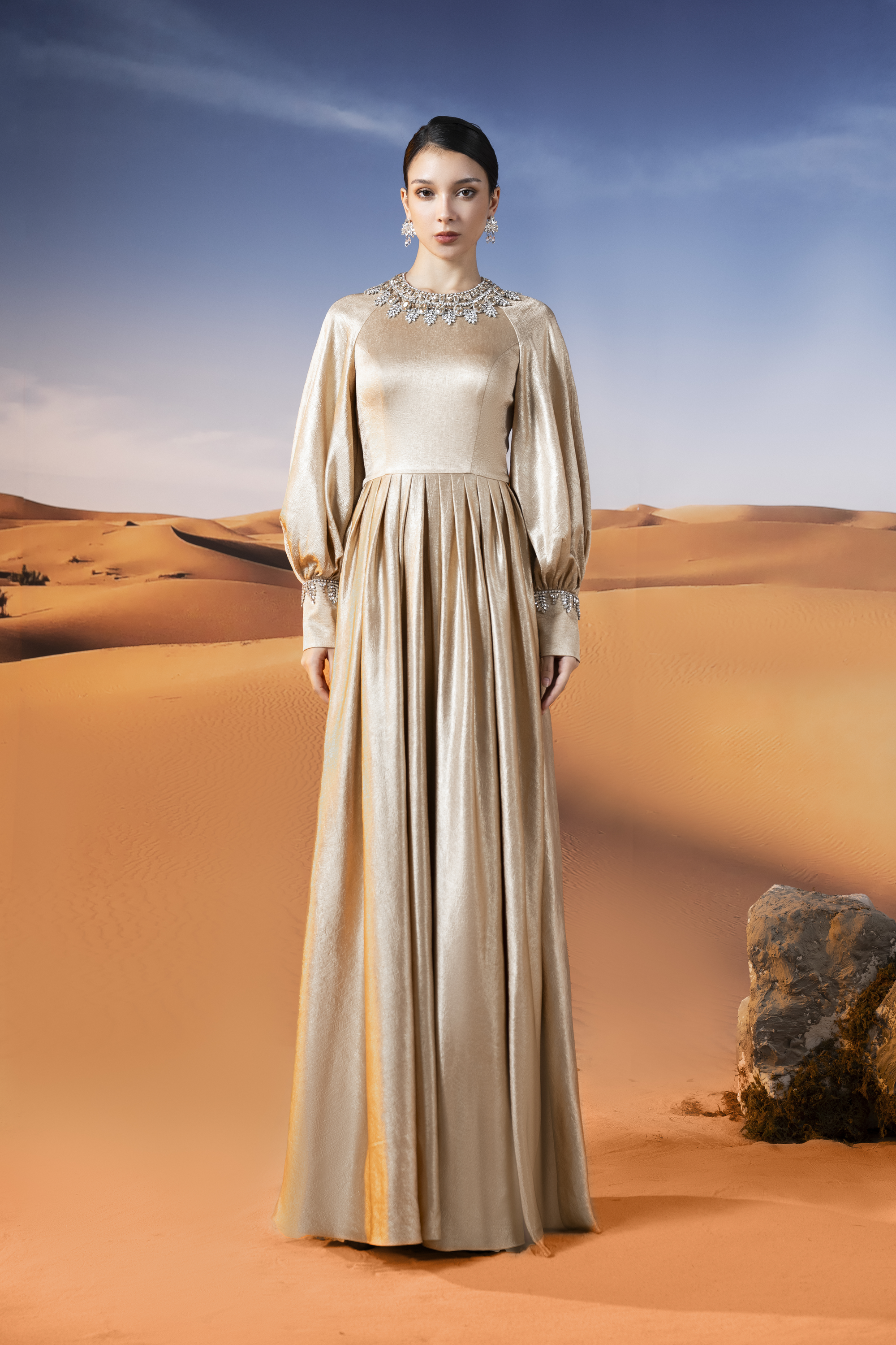 Crystal-Embellished Gold Long Sleeve Maxi Gown