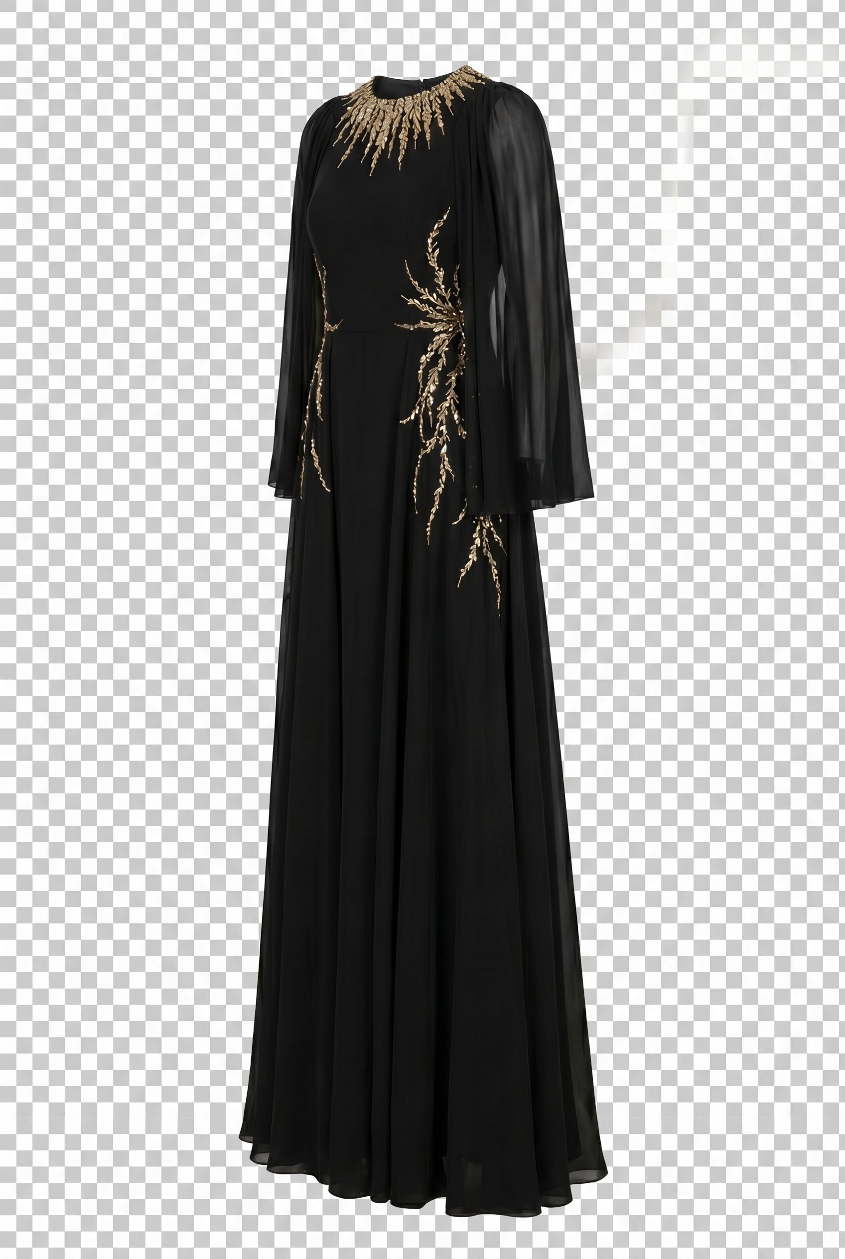 Crystal-Embellished Pleated Sleeve Black Maxi Gown