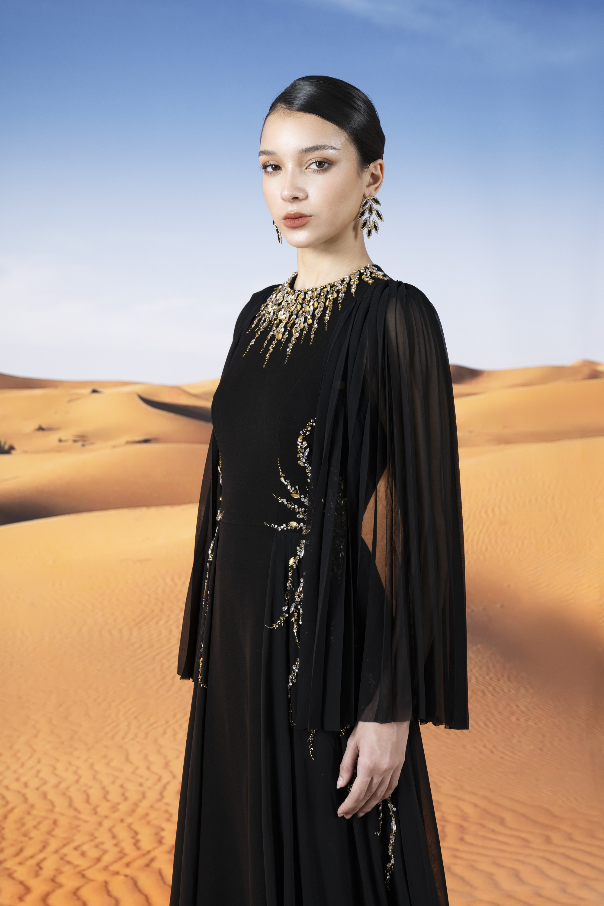 Crystal-Embellished Pleated Sleeve Black Maxi Gown