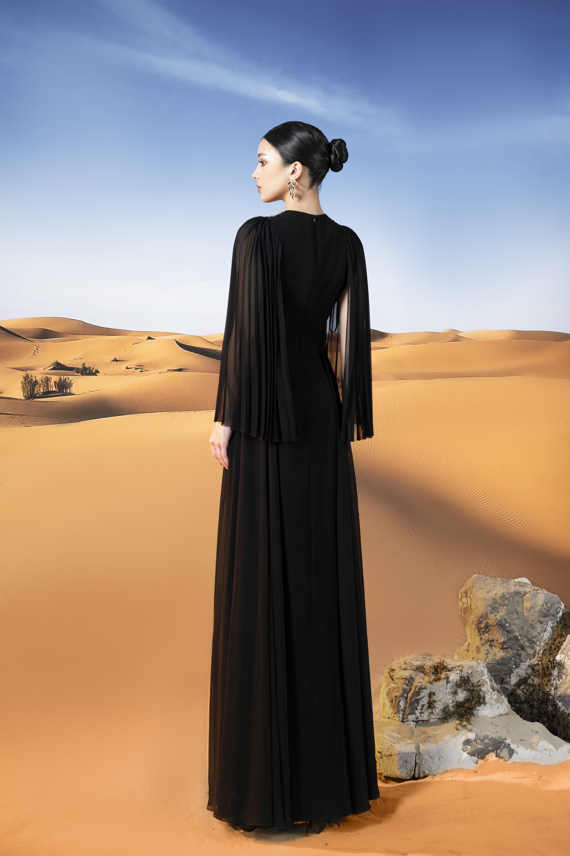 Crystal-Embellished Pleated Sleeve Black Maxi Gown