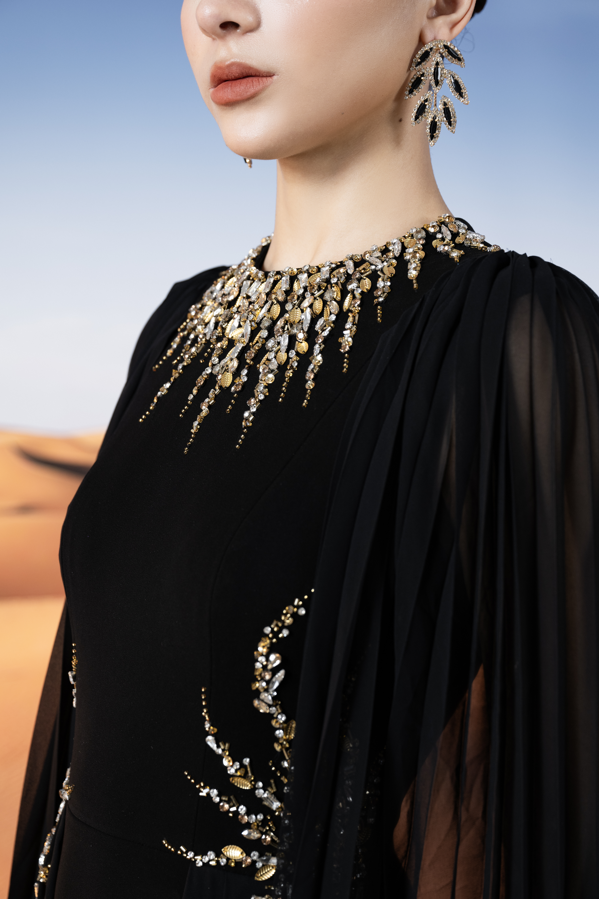 Crystal-Embellished Pleated Sleeve Black Maxi Gown