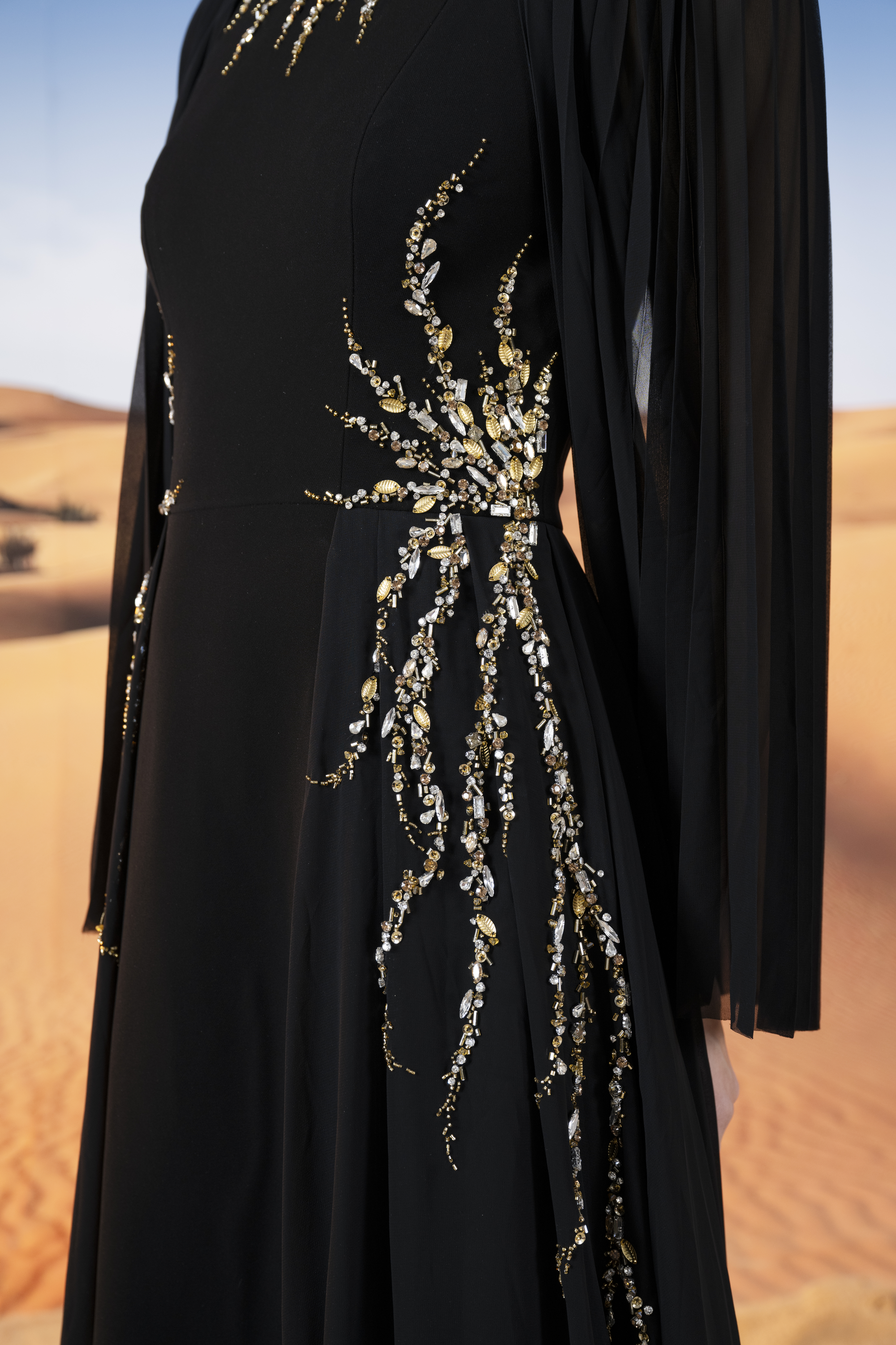 Crystal-Embellished Pleated Sleeve Black Maxi Gown