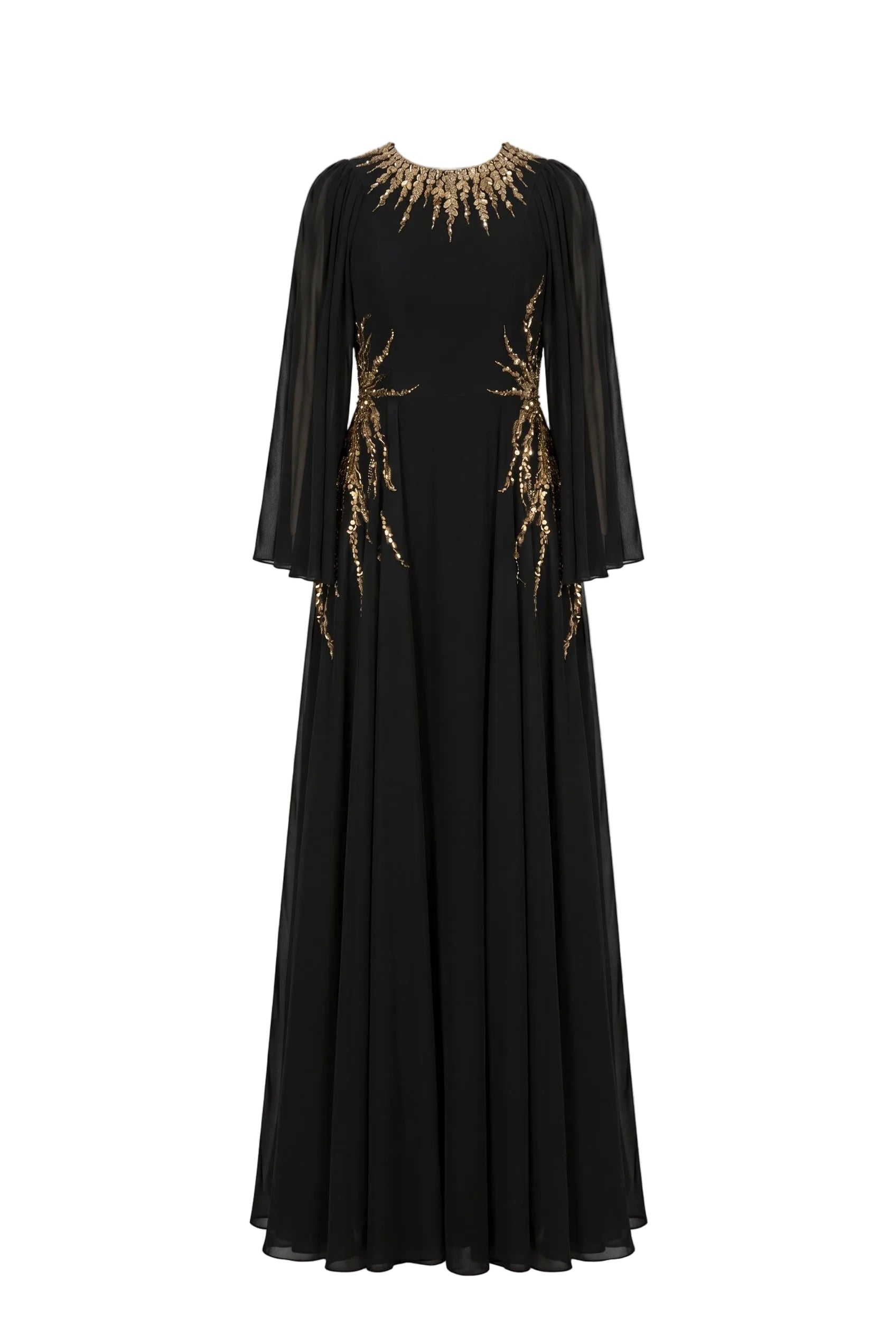 Crystal-Embellished Pleated Sleeve Black Maxi Gown