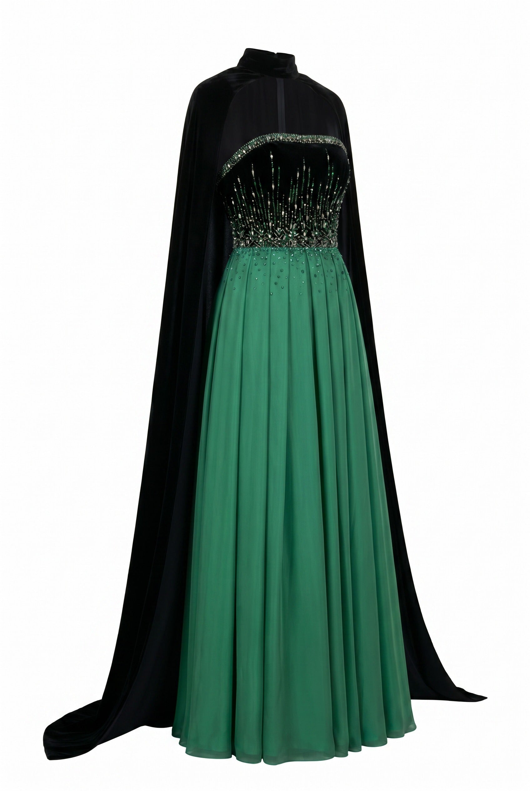 Crystal-Embellished Strapless Green Evening Gown