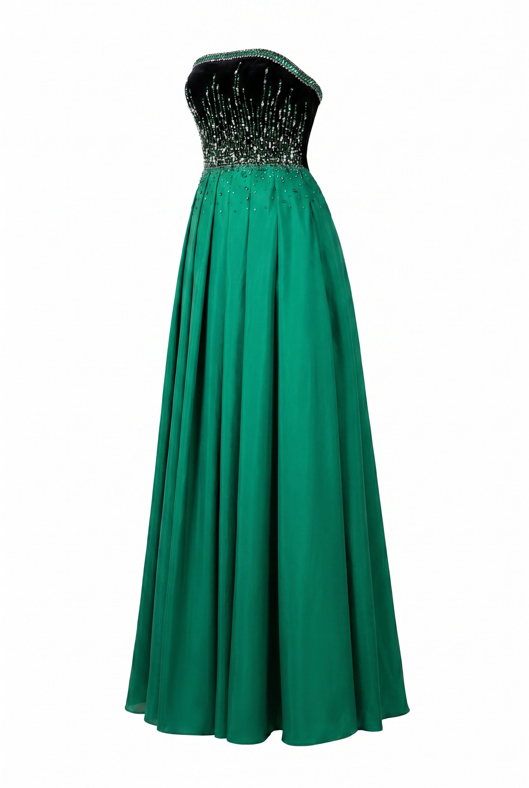 Crystal-Embellished Strapless Green Evening Gown