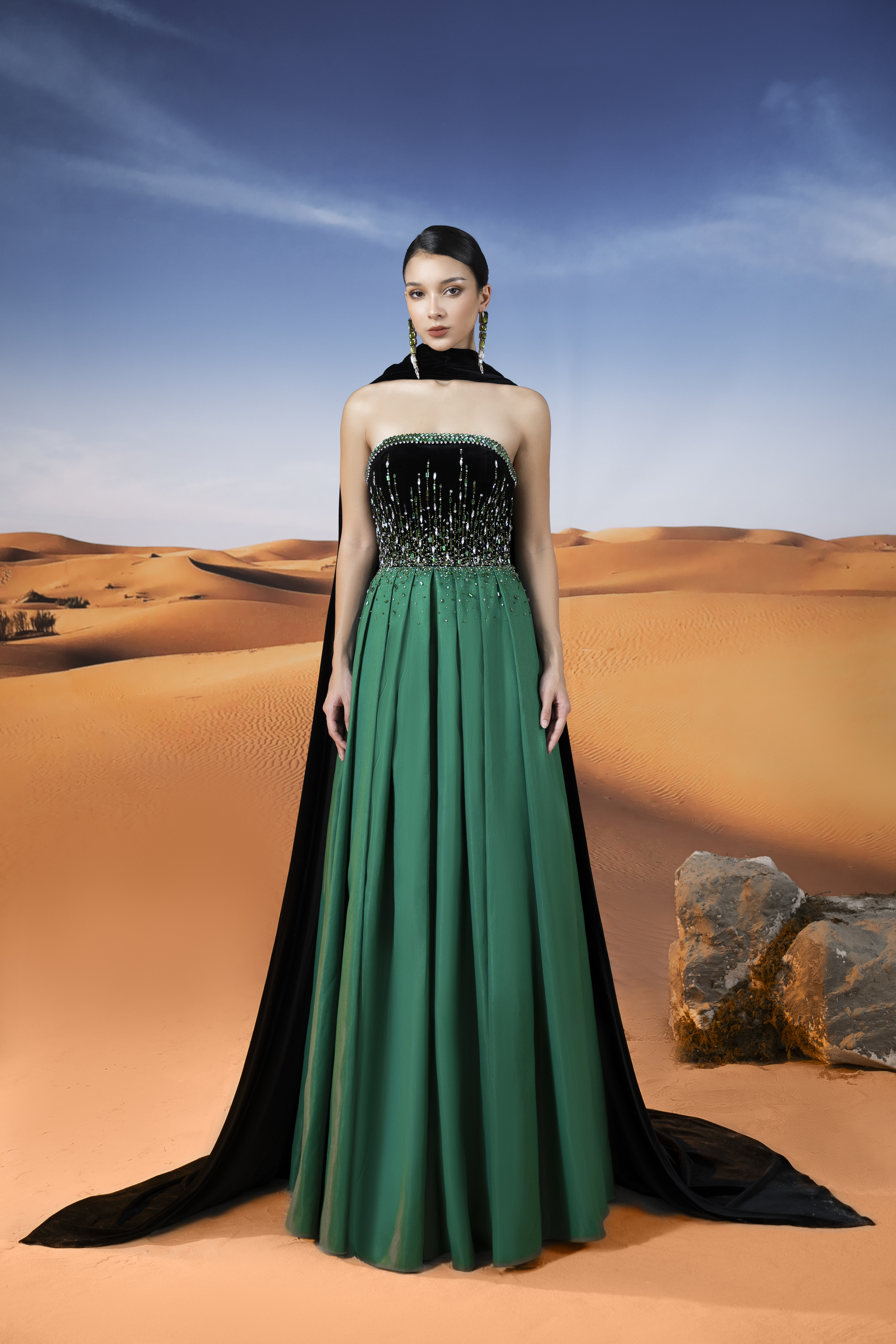 Crystal-Embellished Strapless Green Evening Gown