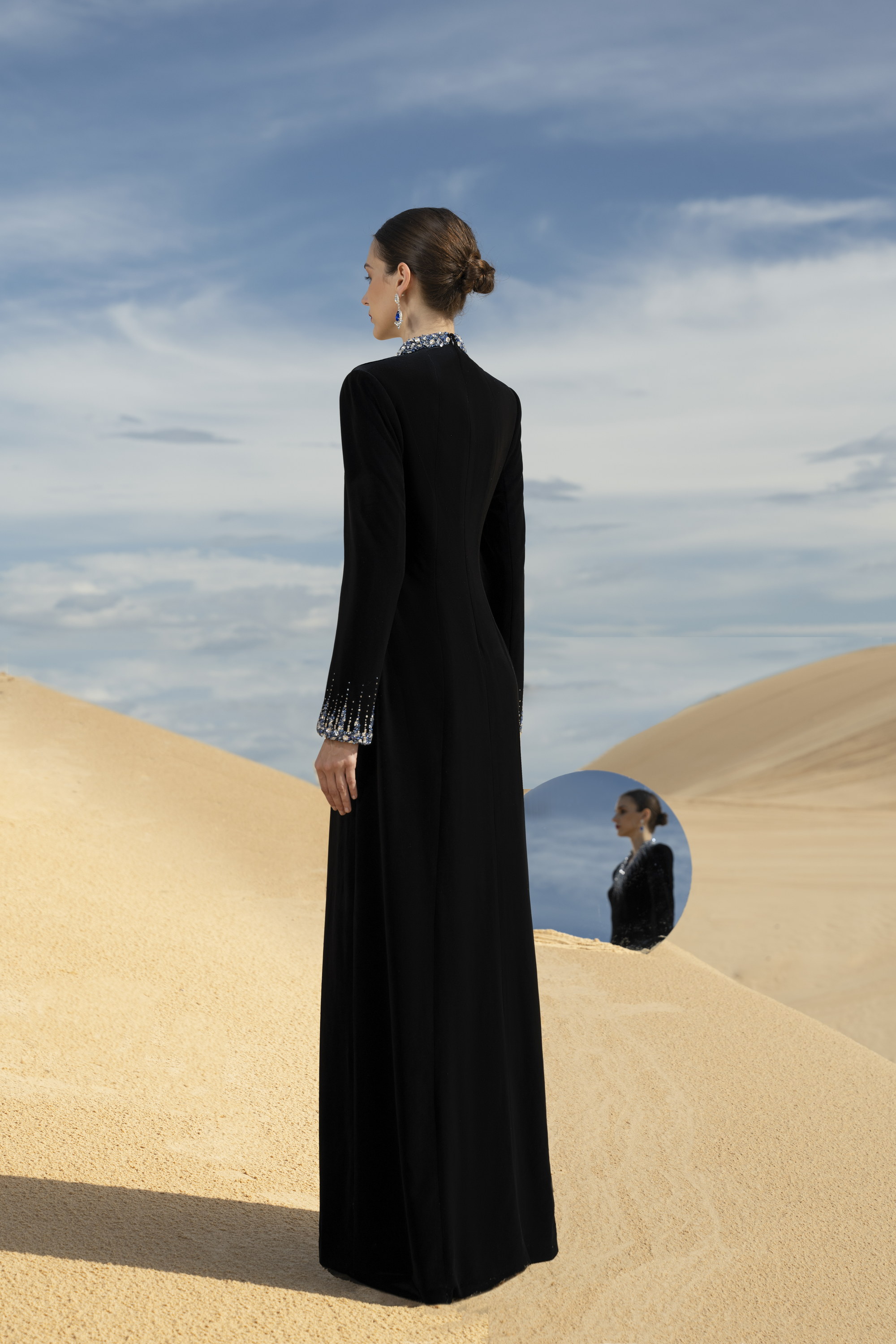 Crystal-Embellished V-Neck Black Long Sleeve Maxi Gown