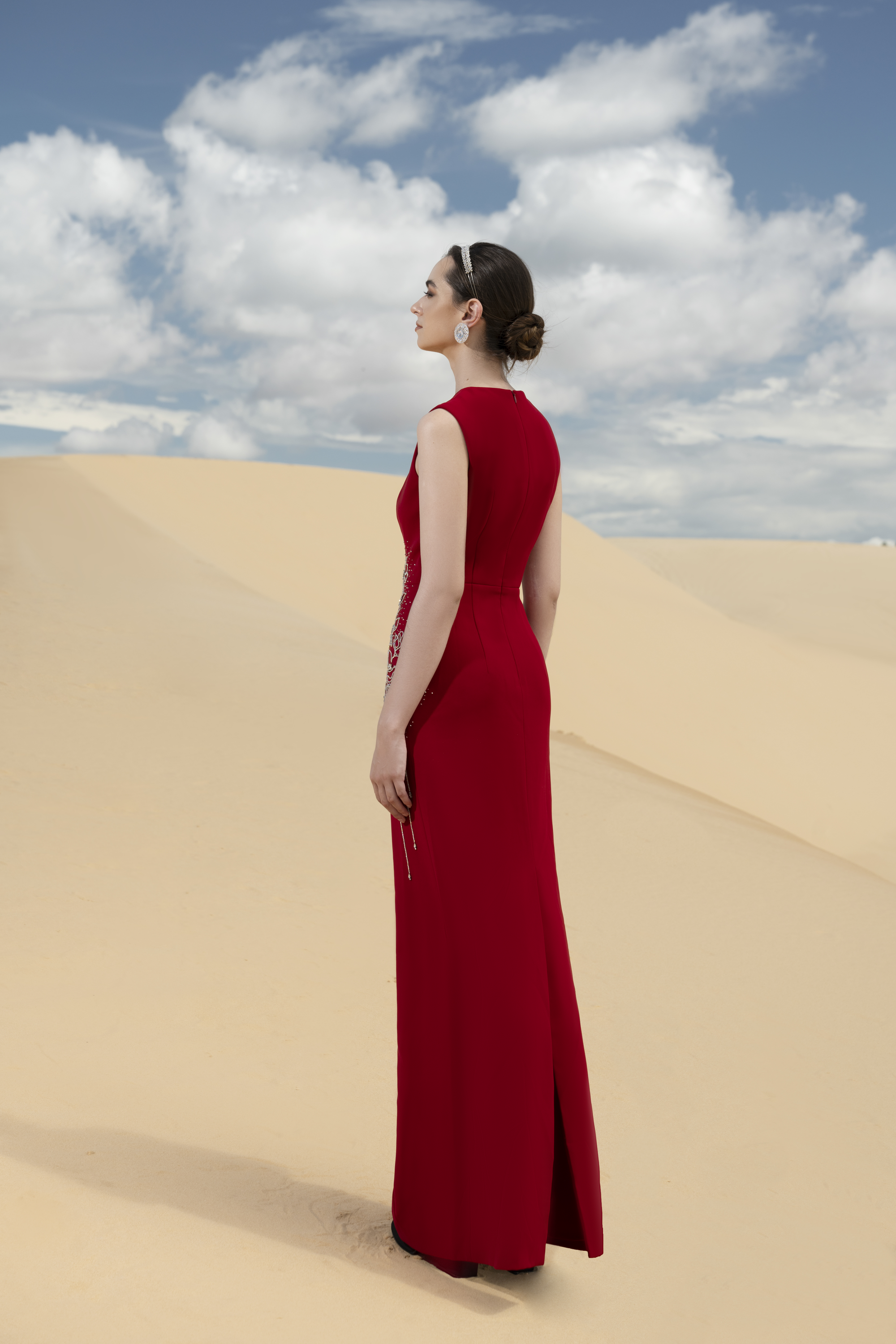 Crystal Fringe Cape and Floral Embellished Red Dress Set