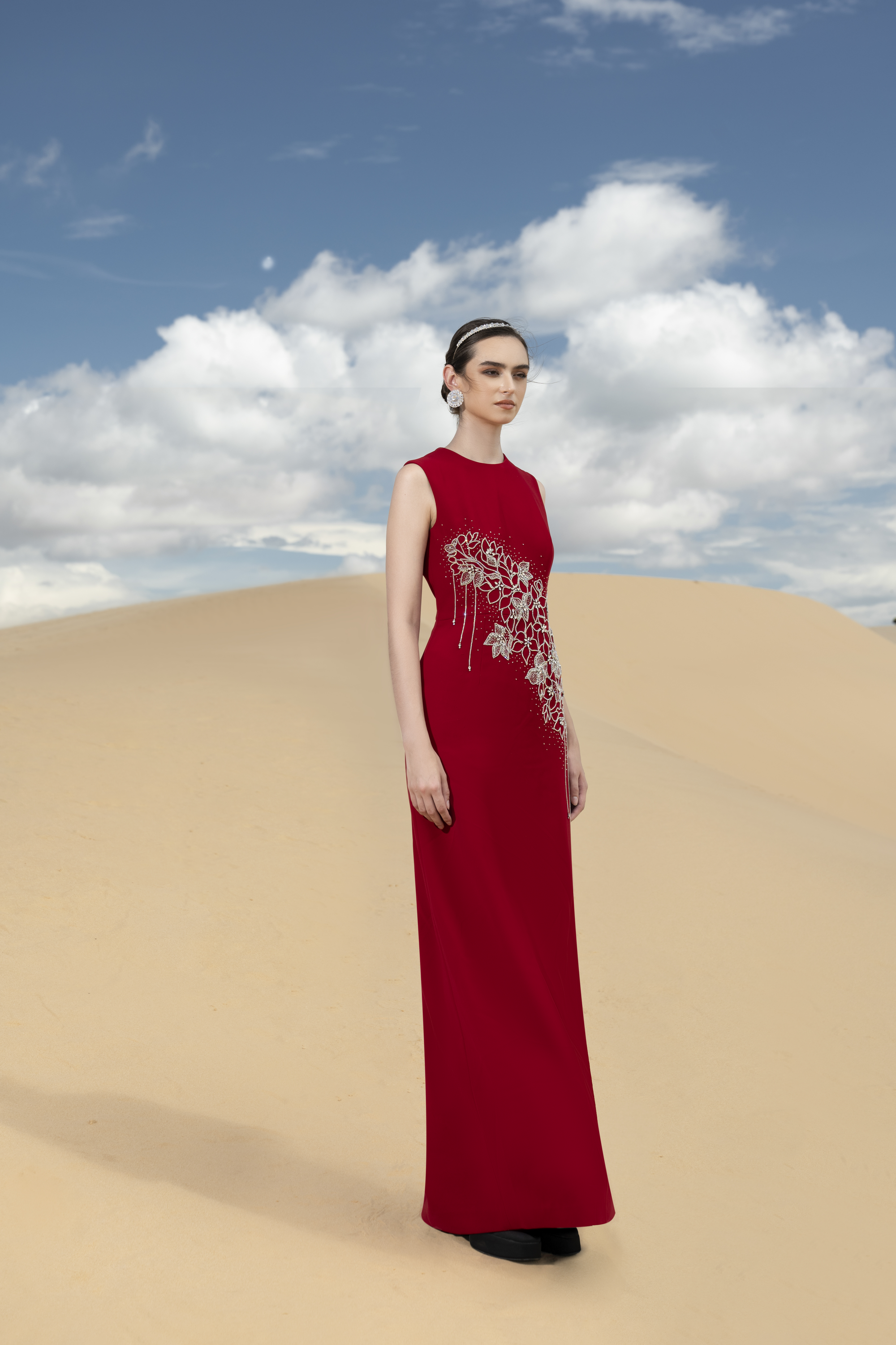 Crystal Fringe Cape and Floral Embellished Red Dress Set