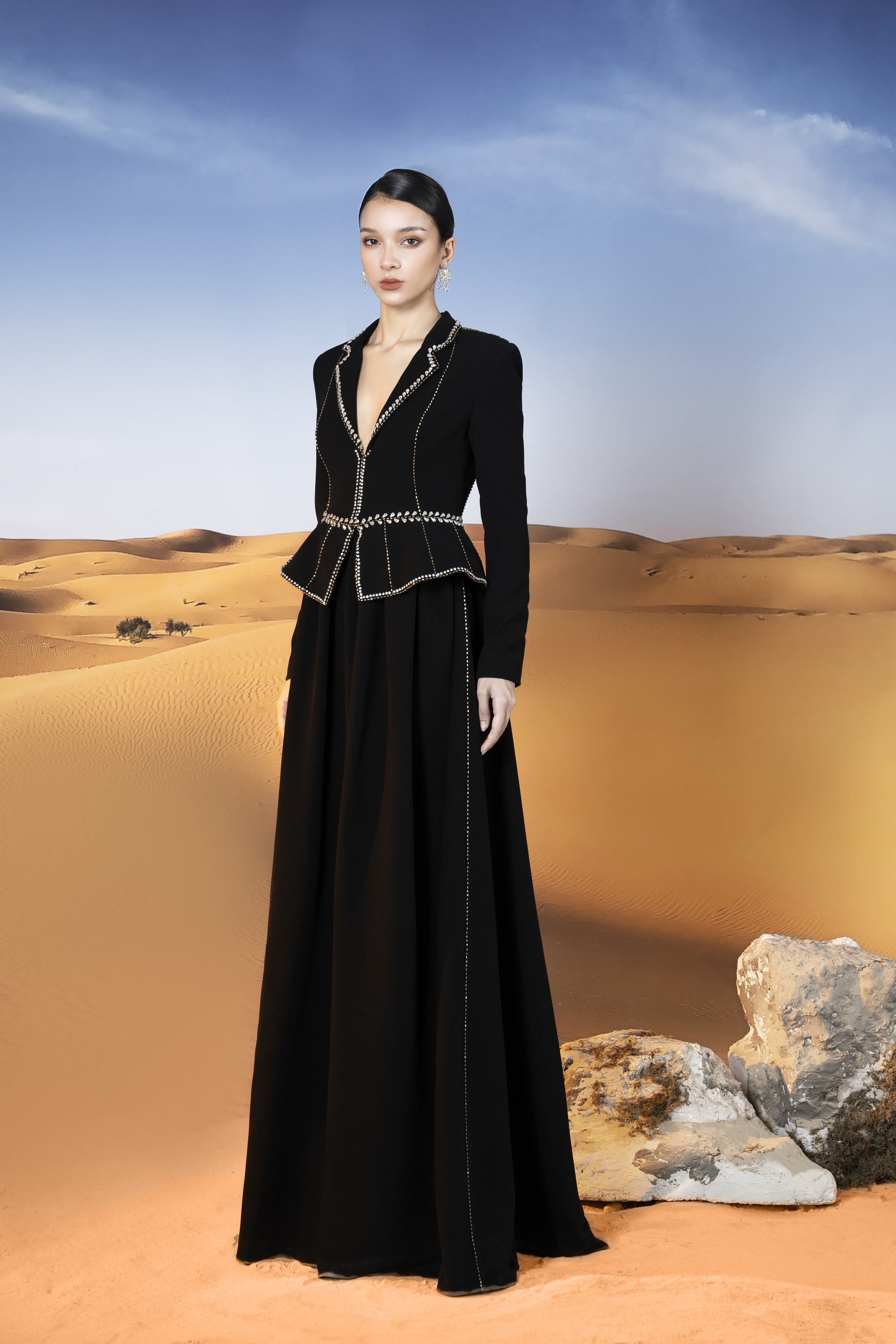 Crystal-Trimmed Peplum Black Maxi Gown