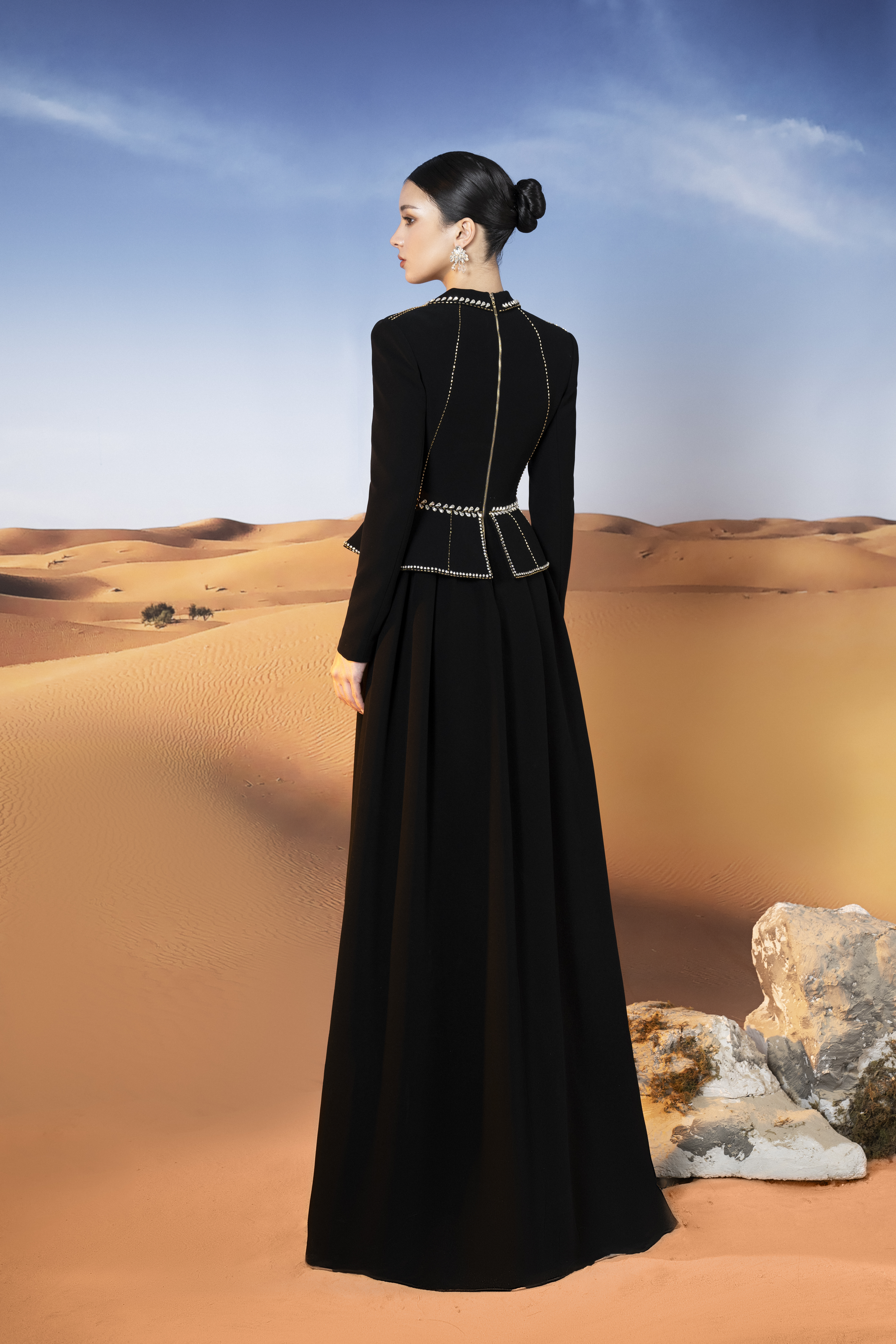 Crystal-Trimmed Peplum Black Maxi Gown