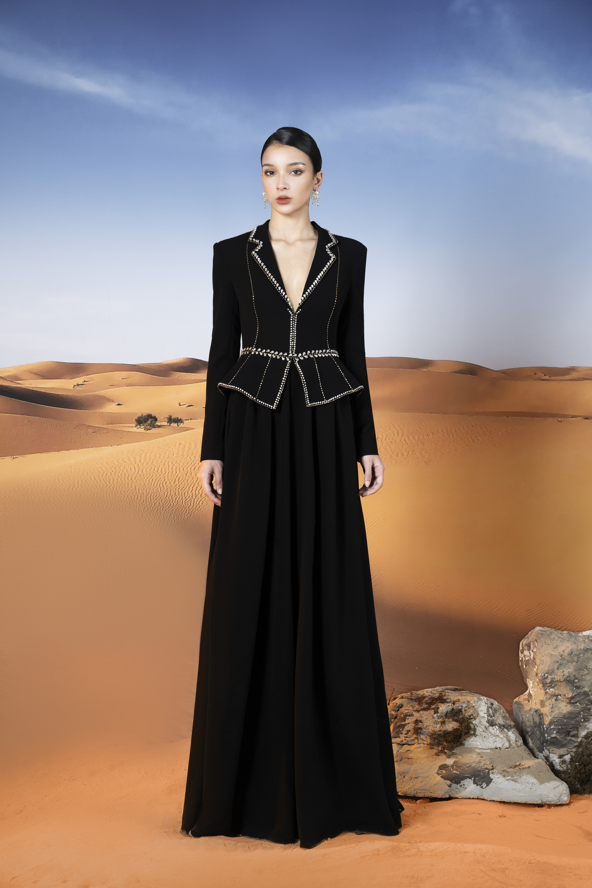 Crystal-Trimmed Peplum Black Maxi Gown