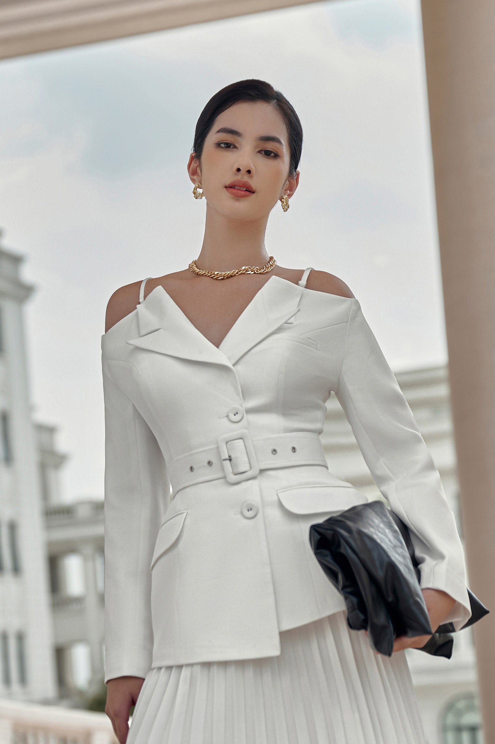 Elodie White Off-shoulder Blazer