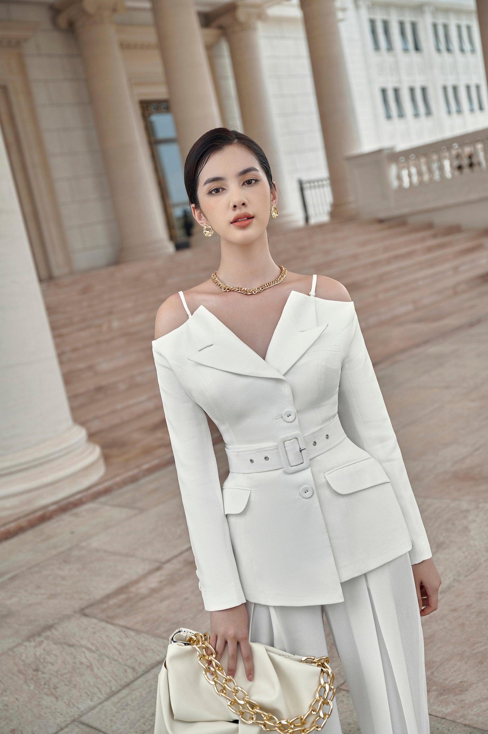 Elodie White Off-shoulder Blazer