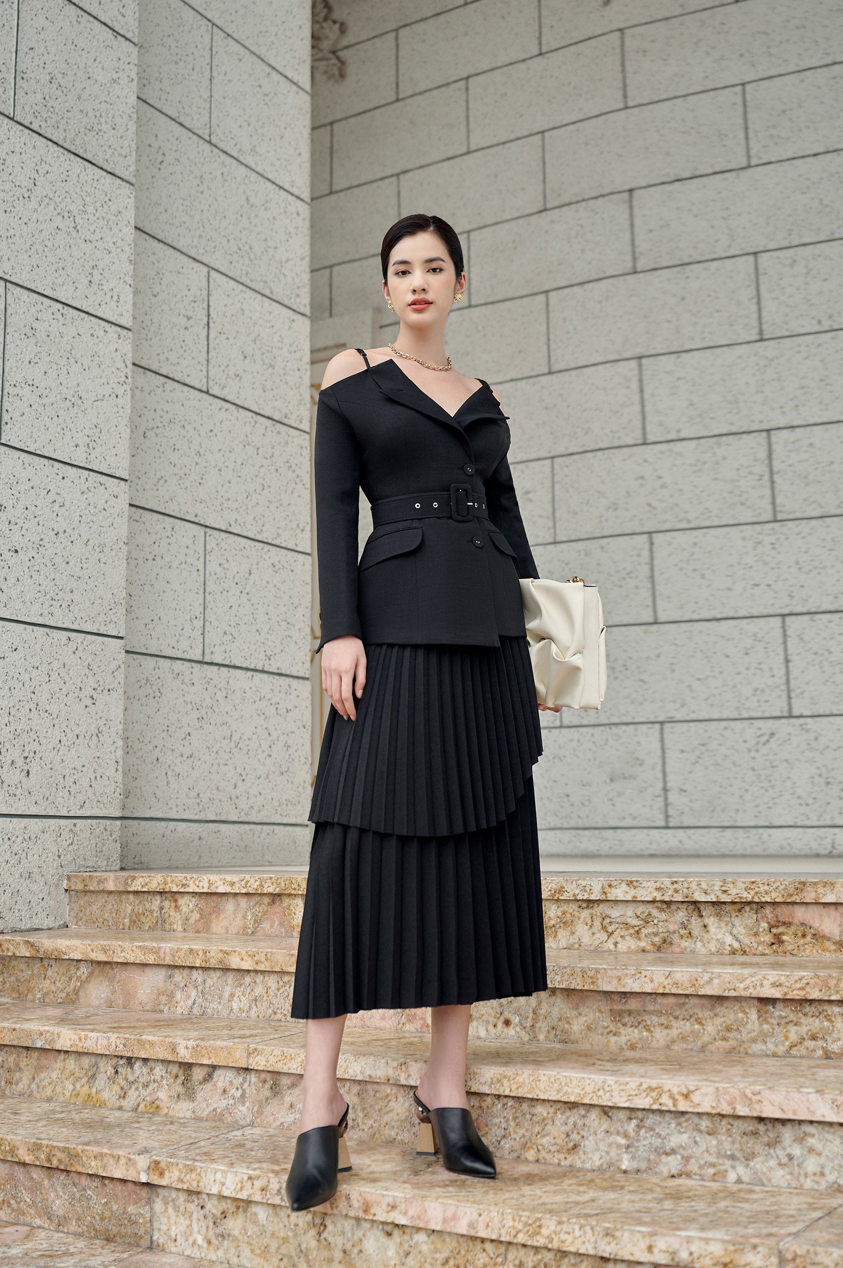 Elodie Black Off-shoulder Blazer Celeste Pleated Skirt