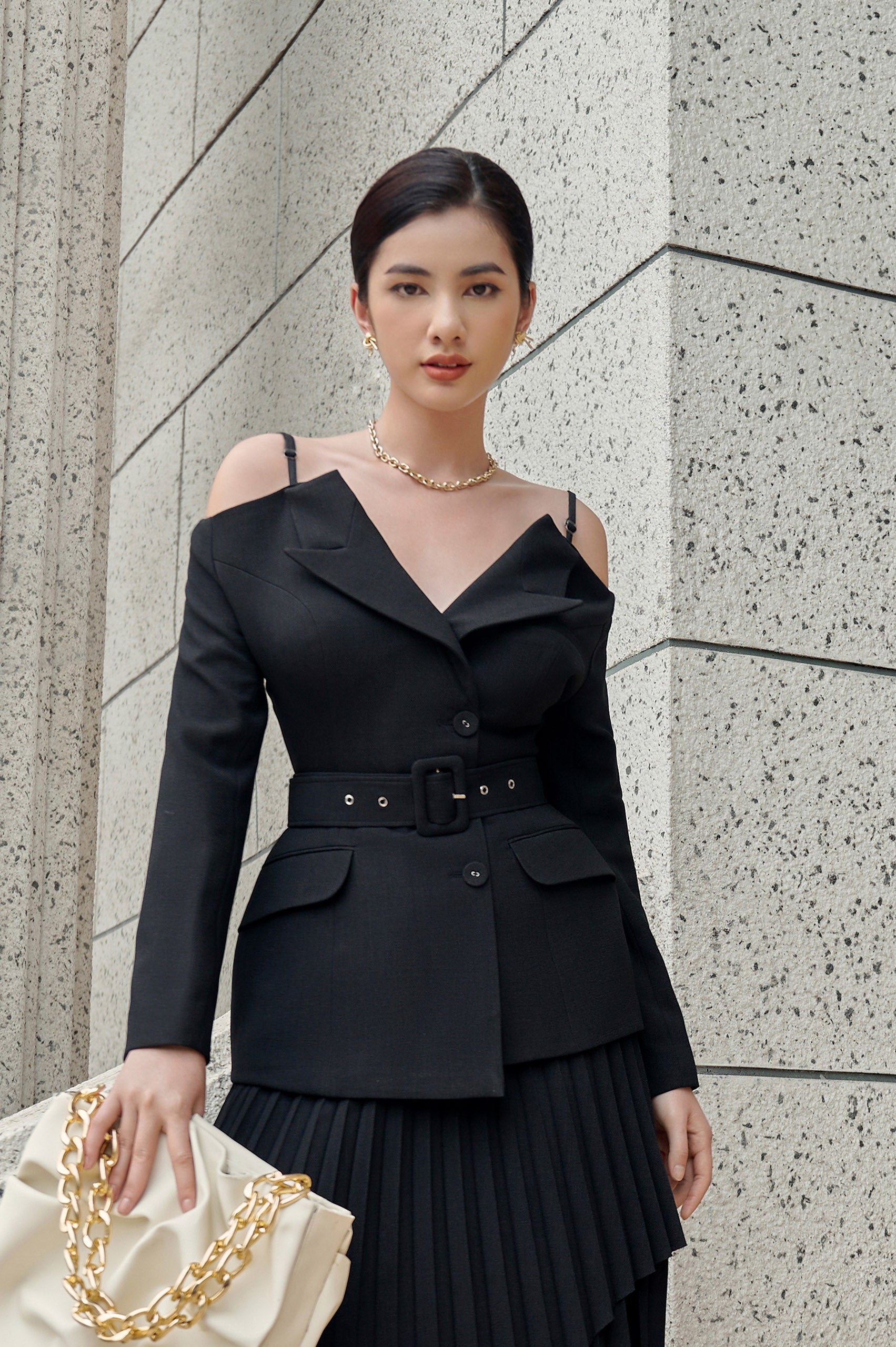 Elodie Black Off-shoulder Blazer Celeste Pleated Skirt