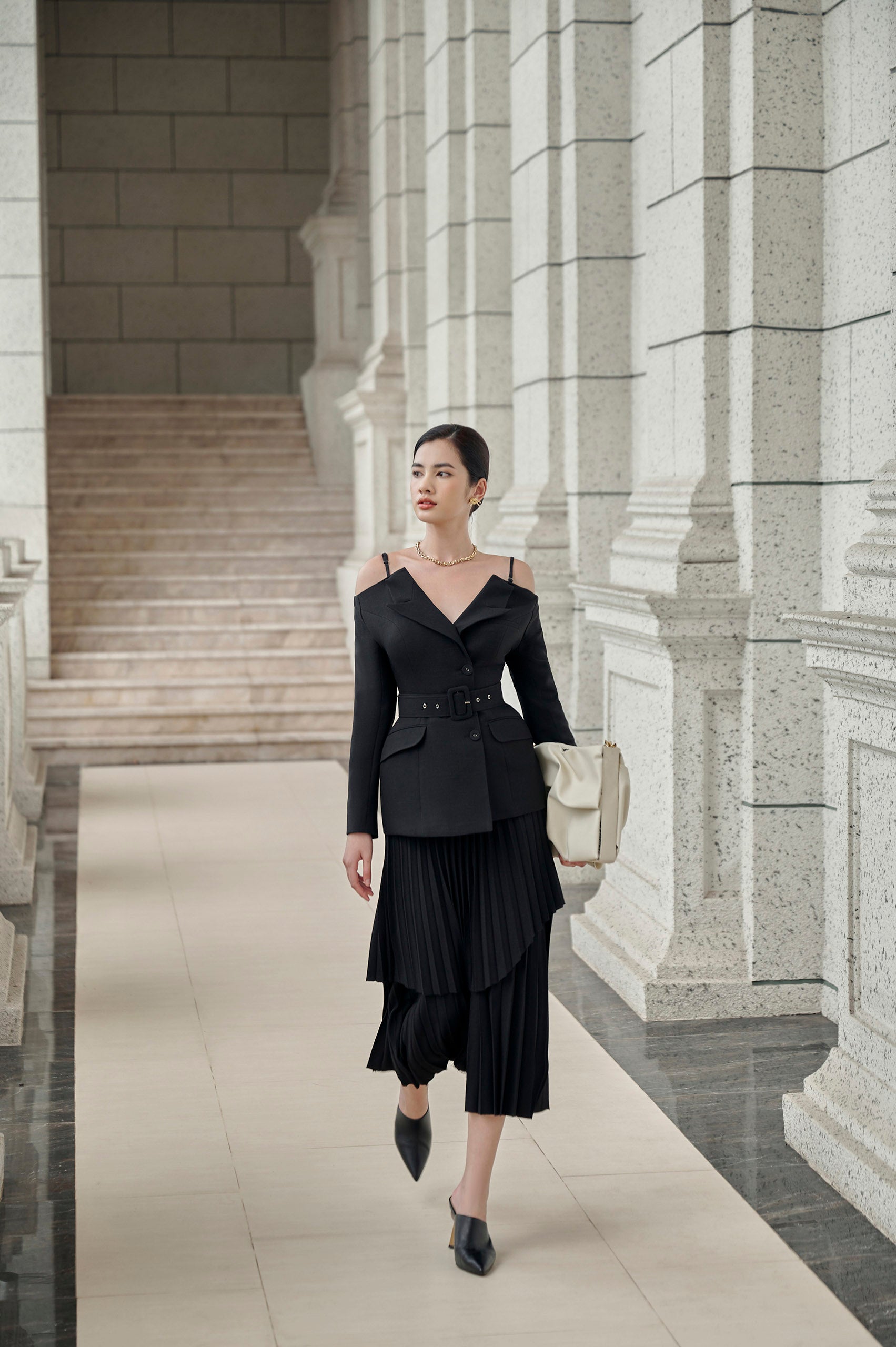 Elodie Black Off-shoulder Blazer Celeste Pleated Skirt