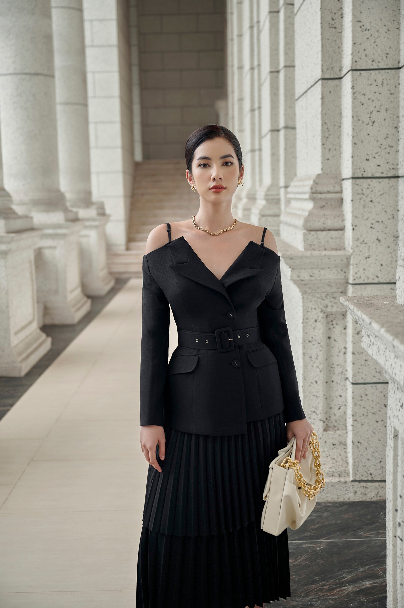 Elodie Black Off-shoulder Blazer Celeste Pleated Skirt