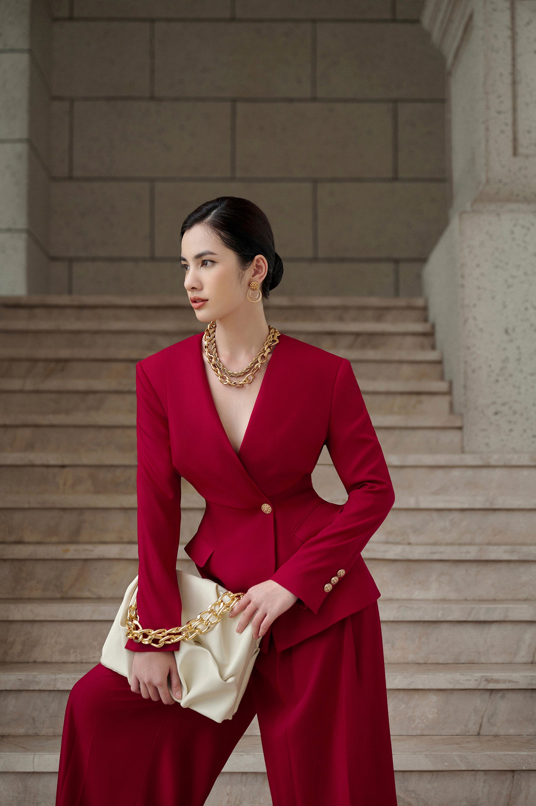 Helena Red Velvet Corset Blazer Red Velvet Wide Leg Pants