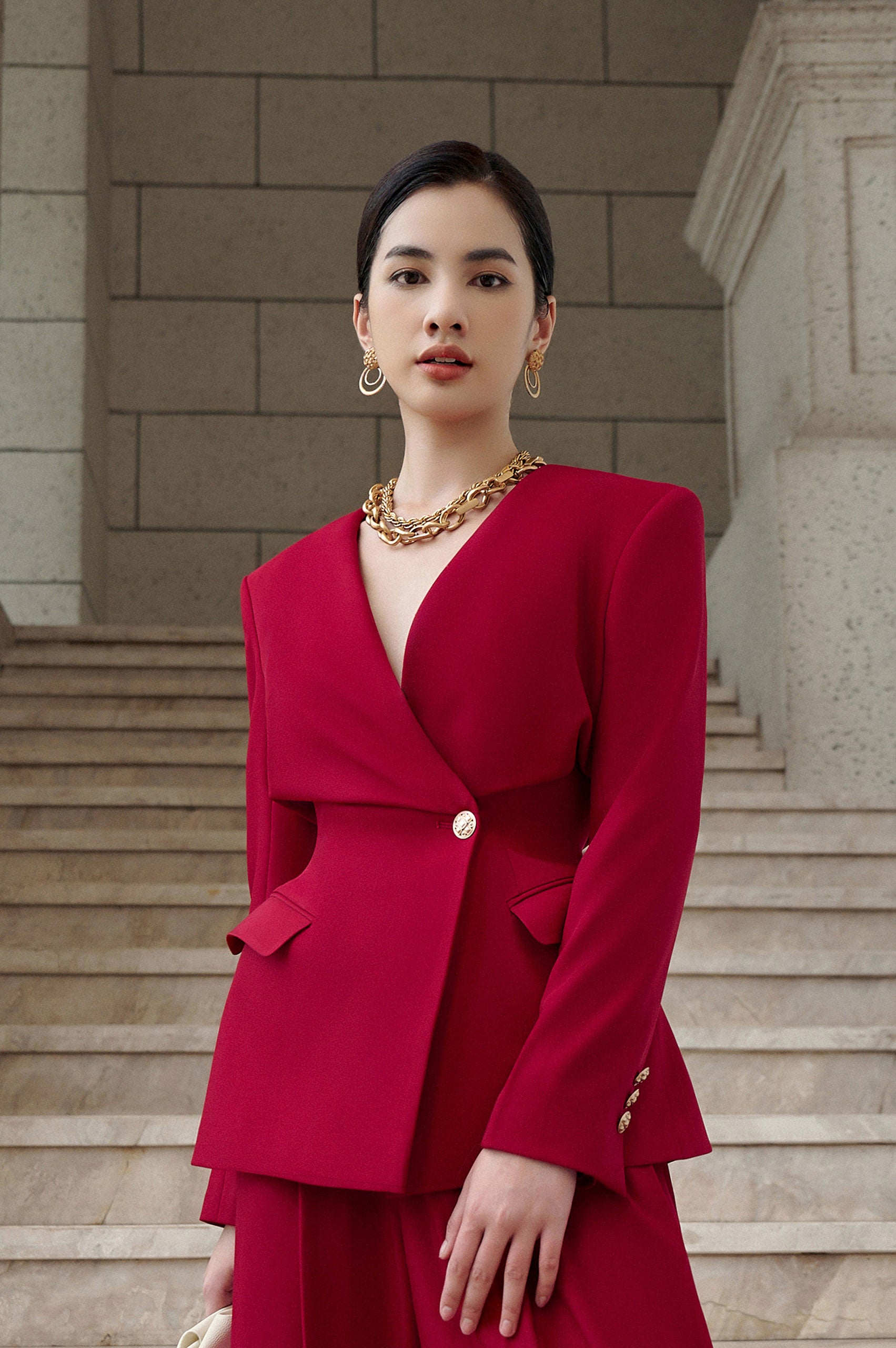 Helena Red Velvet Corset Blazer Red Velvet Wide Leg Pants